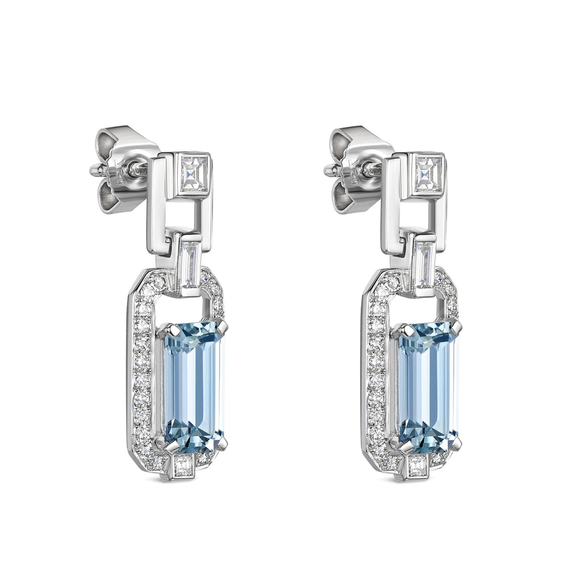 18ct White Gold Deco Inspired Aquamarine and Diamond Drop Earrings