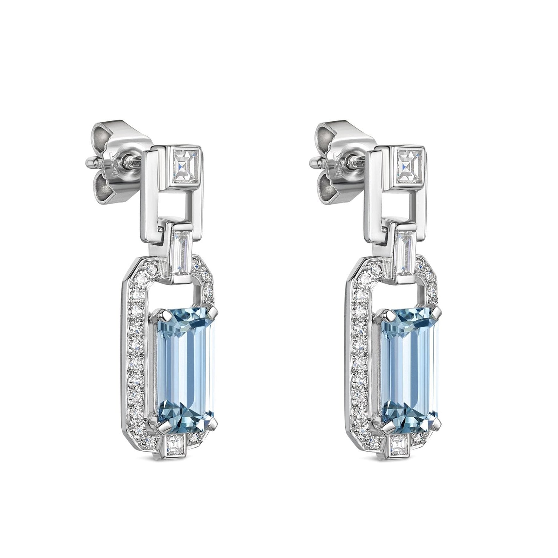 18ct White Gold Deco Inspired Aquamarine and Diamond Drop Earrings