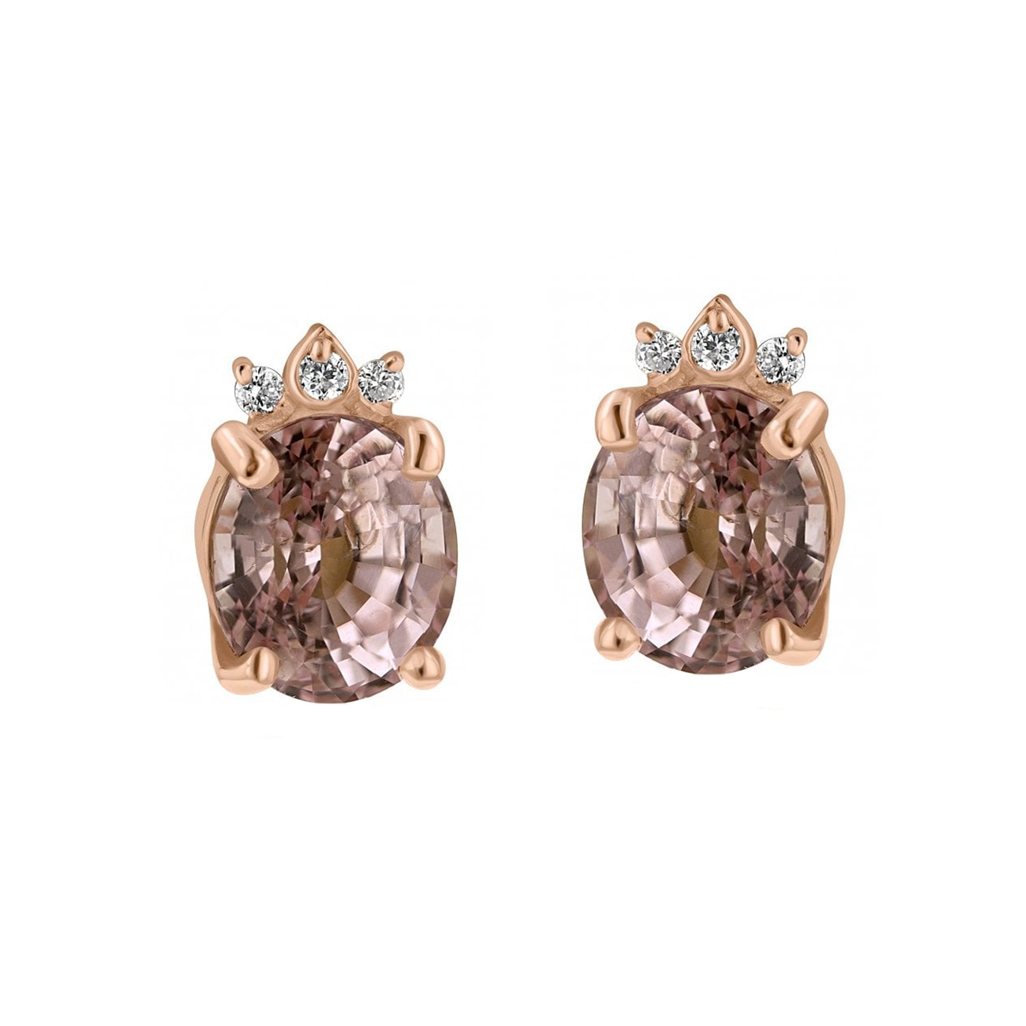 18ct Rose Gold Peach Sapphire And Trefoil Diamond Studs
