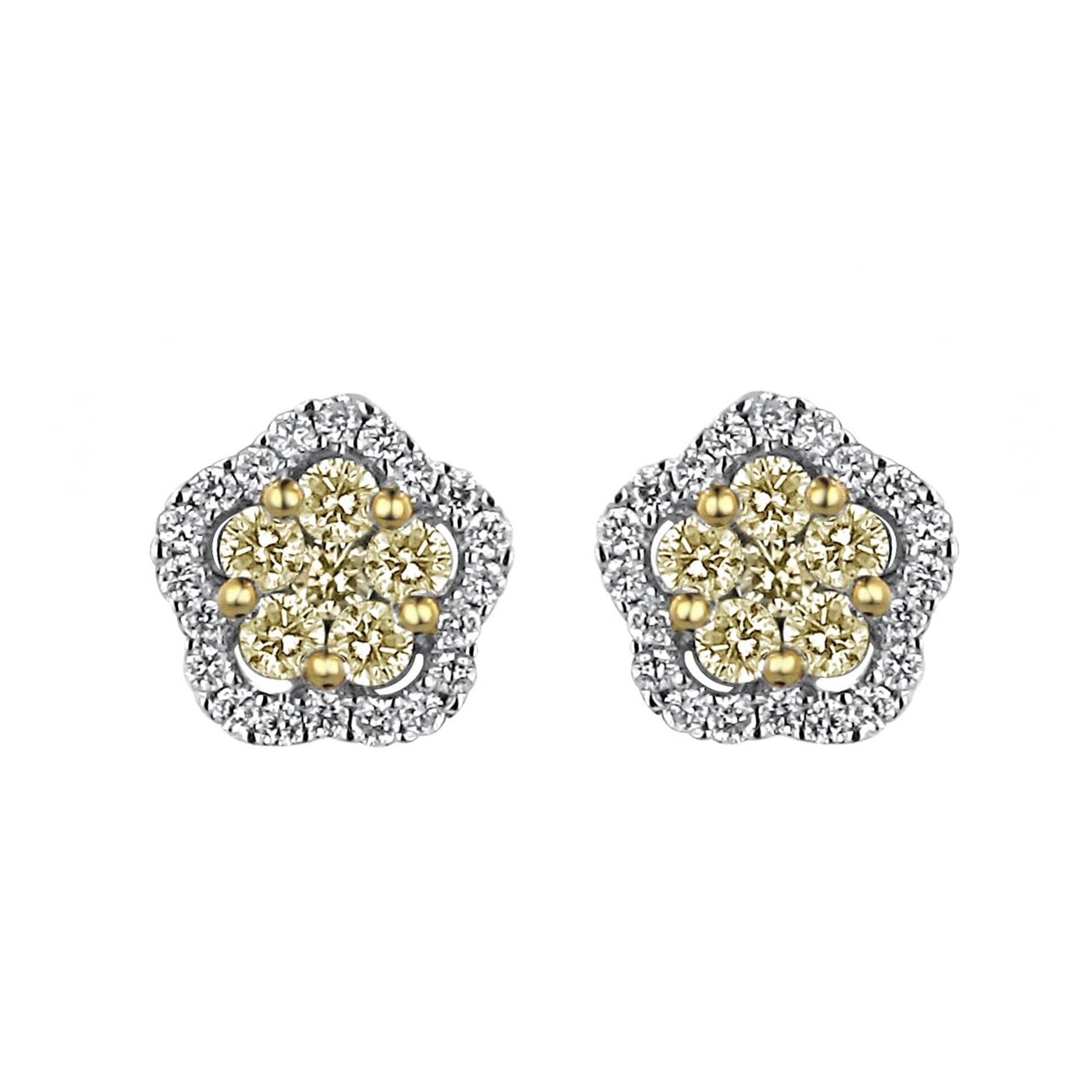 18ct Gold Yellow and White Diamond Flower Halo Cluster Earrings