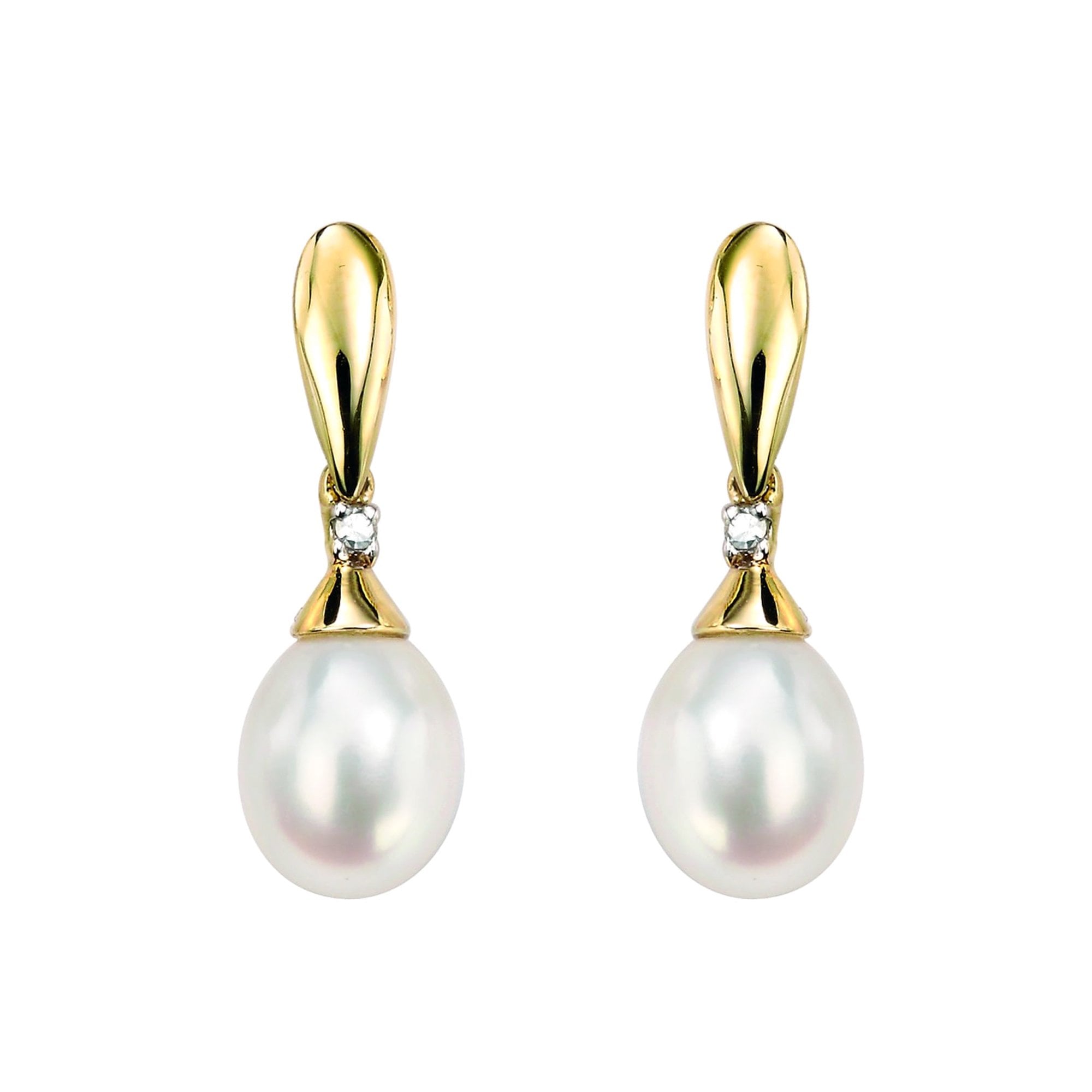 9ct Yellow Gold Pearl and Diamond Drop Earrings
