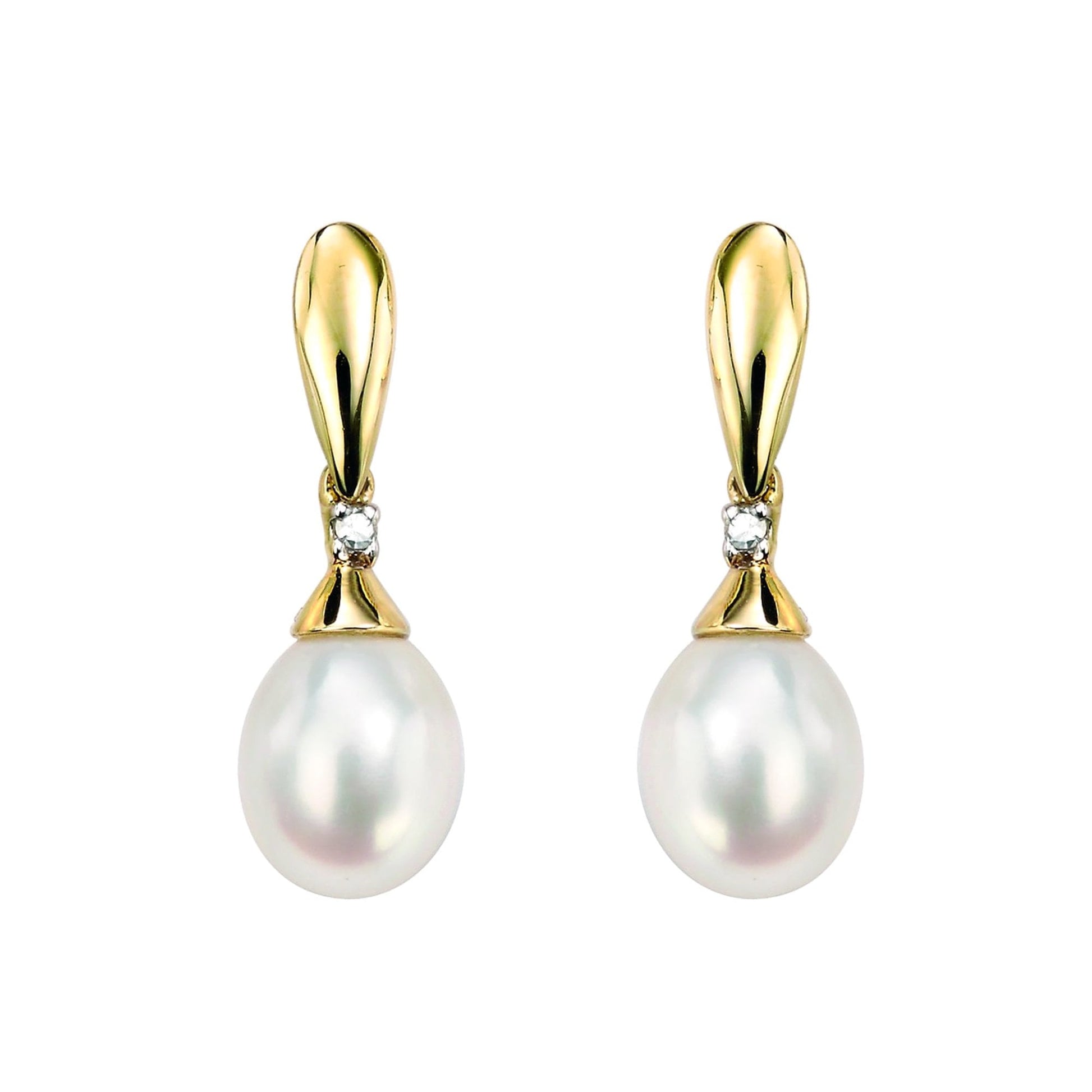 9ct Yellow Gold Pearl and Diamond Drop Earrings
