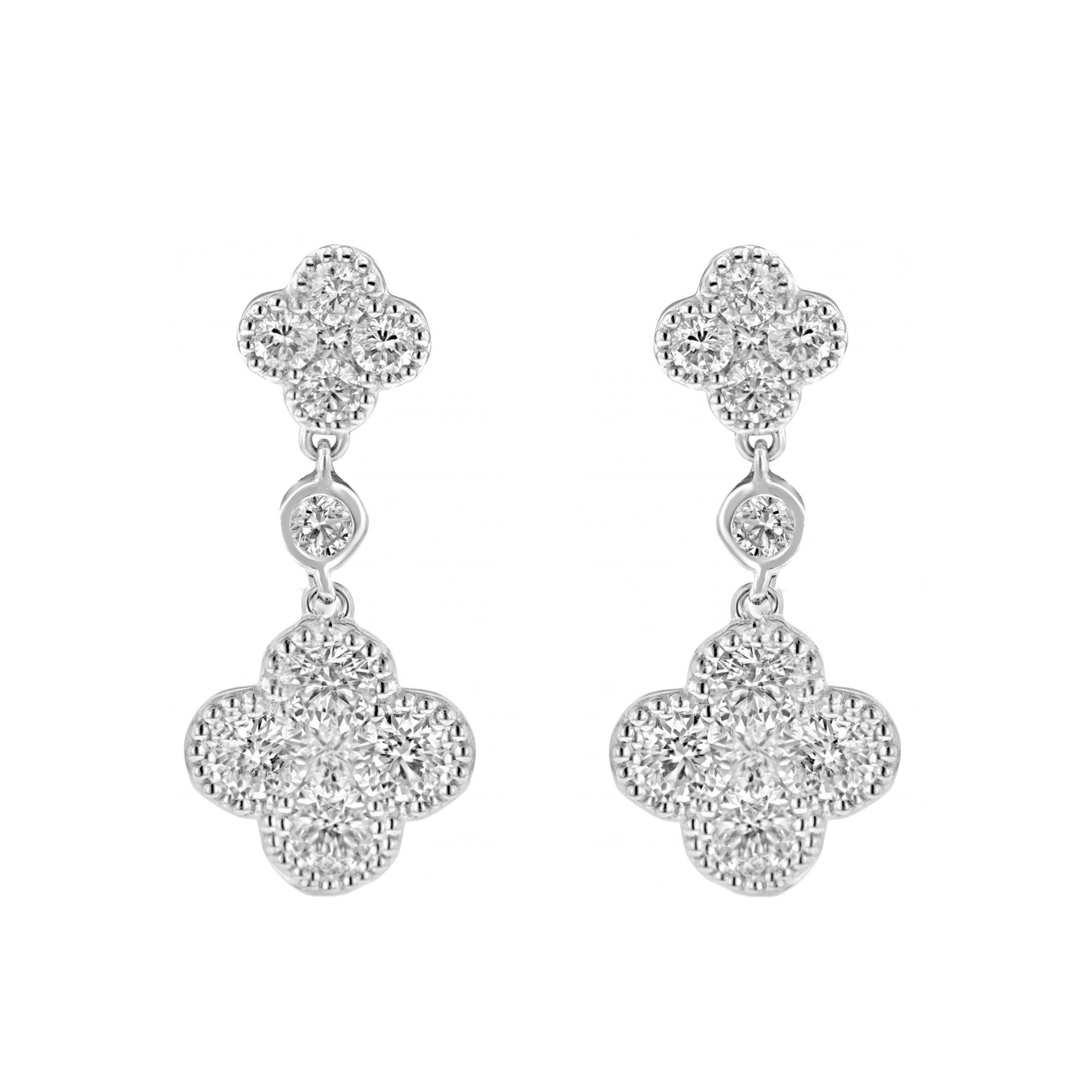 18ct White Gold Four Leaf Clover Shaped Drop Earrings With Diamonds and Beaded Edge