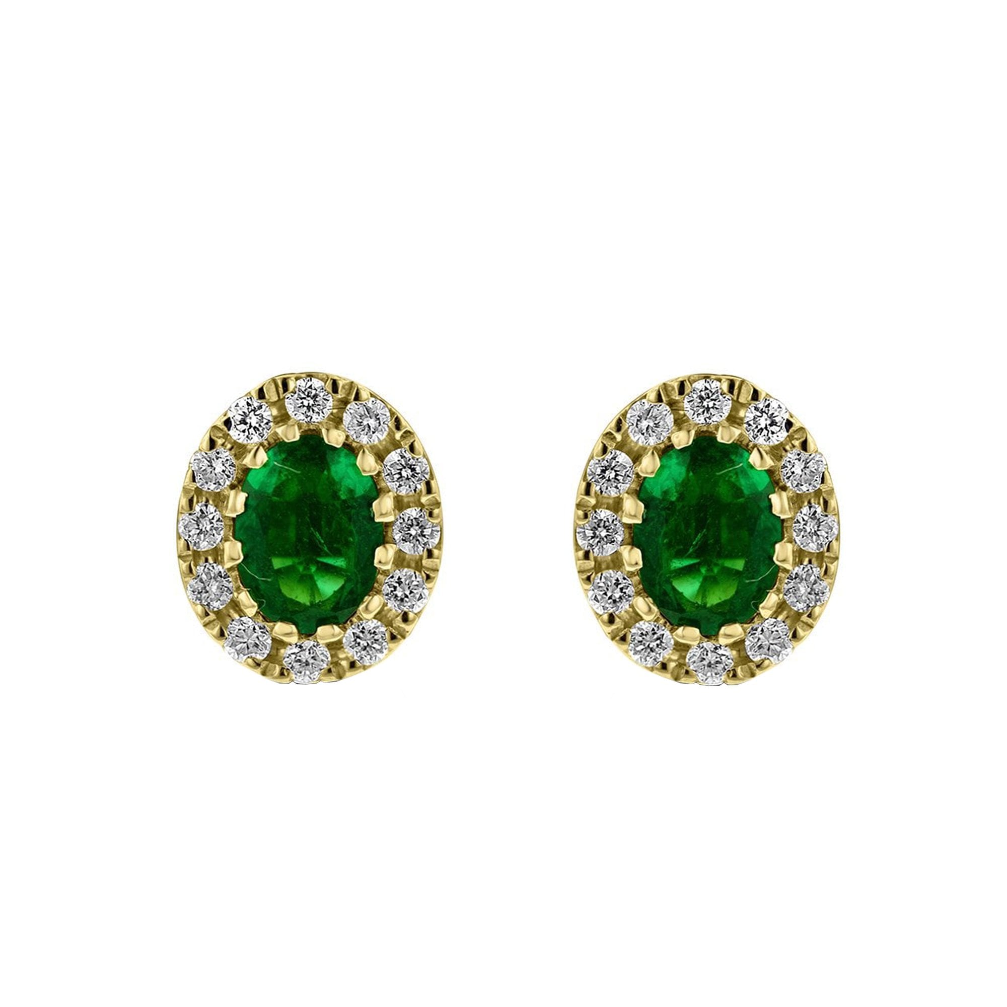 18ct Yellow Gold Oval Emerald and Diamond Stud Earrings