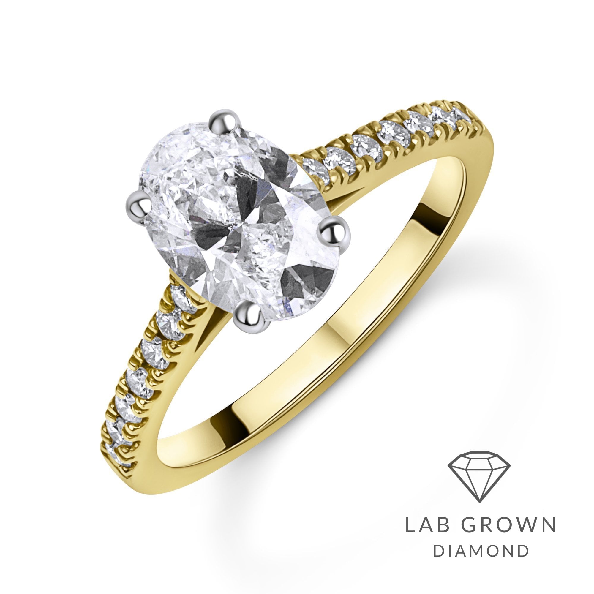 18ct Yellow Gold Oval Lab Grown Diamond Engagement Ring With Diamond Set Shoulders