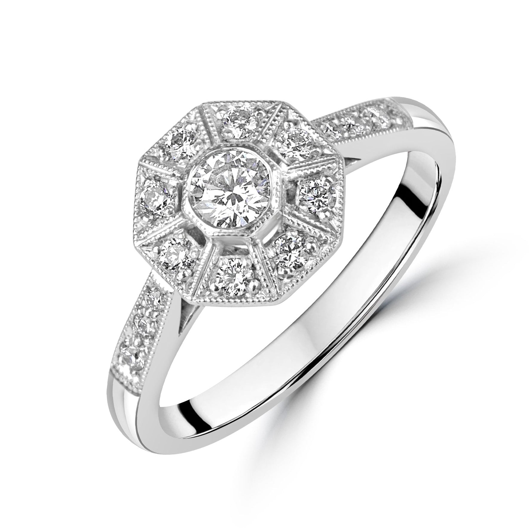 18ct White Gold Deco Inspired Diamond Halo Cluster Ring