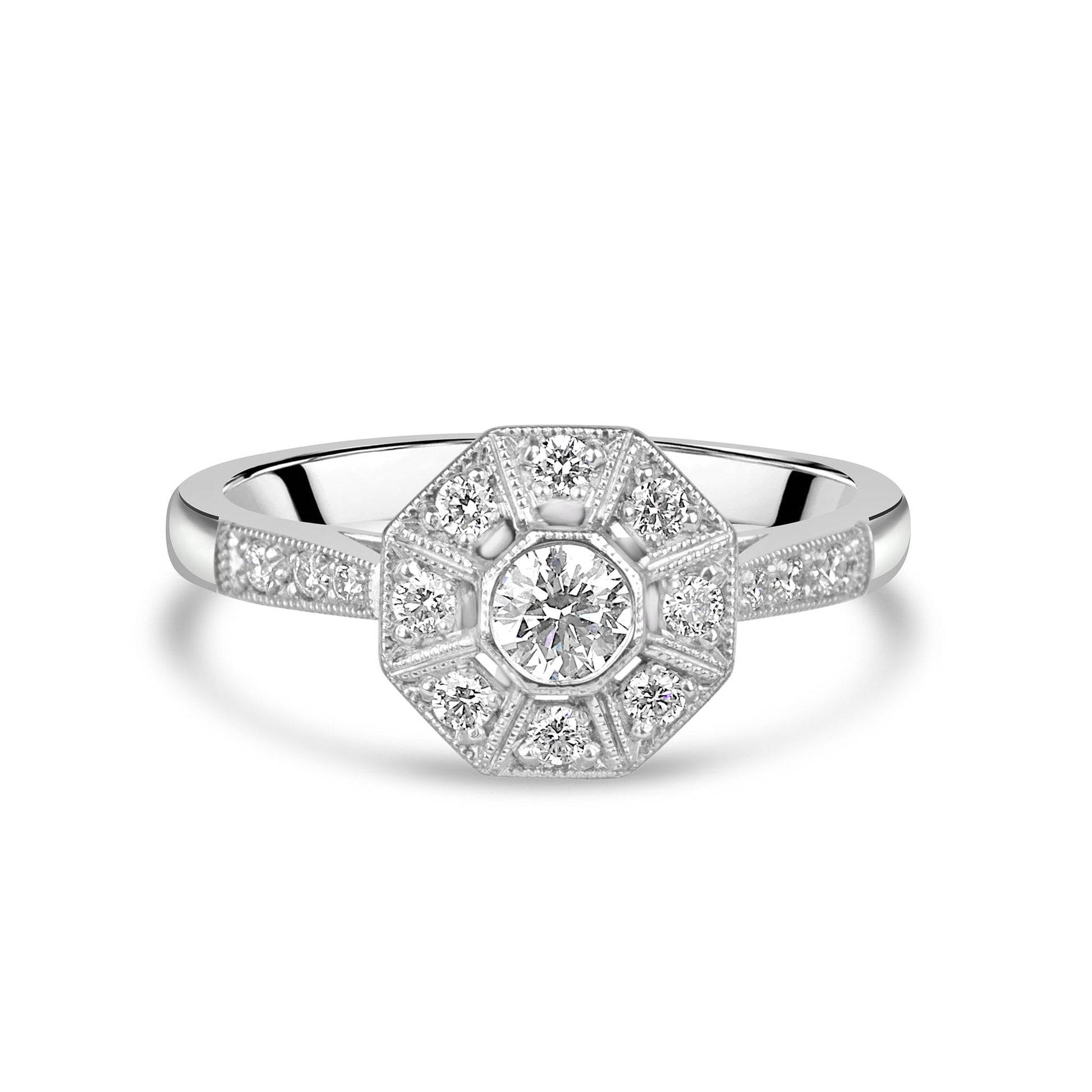 18ct White Gold Deco Inspired Diamond Halo Cluster Ring