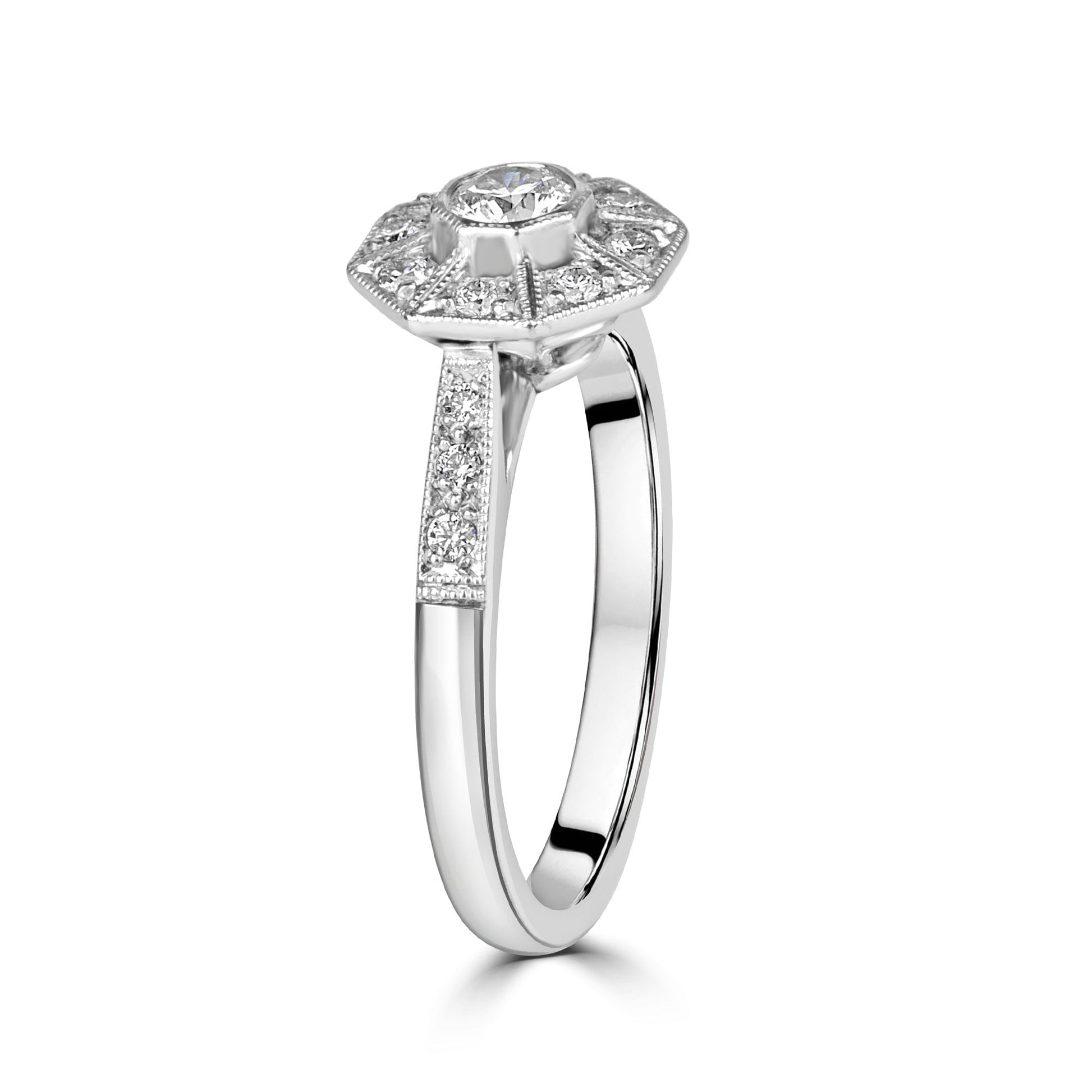 18ct White Gold Deco Inspired Diamond Halo Cluster Ring