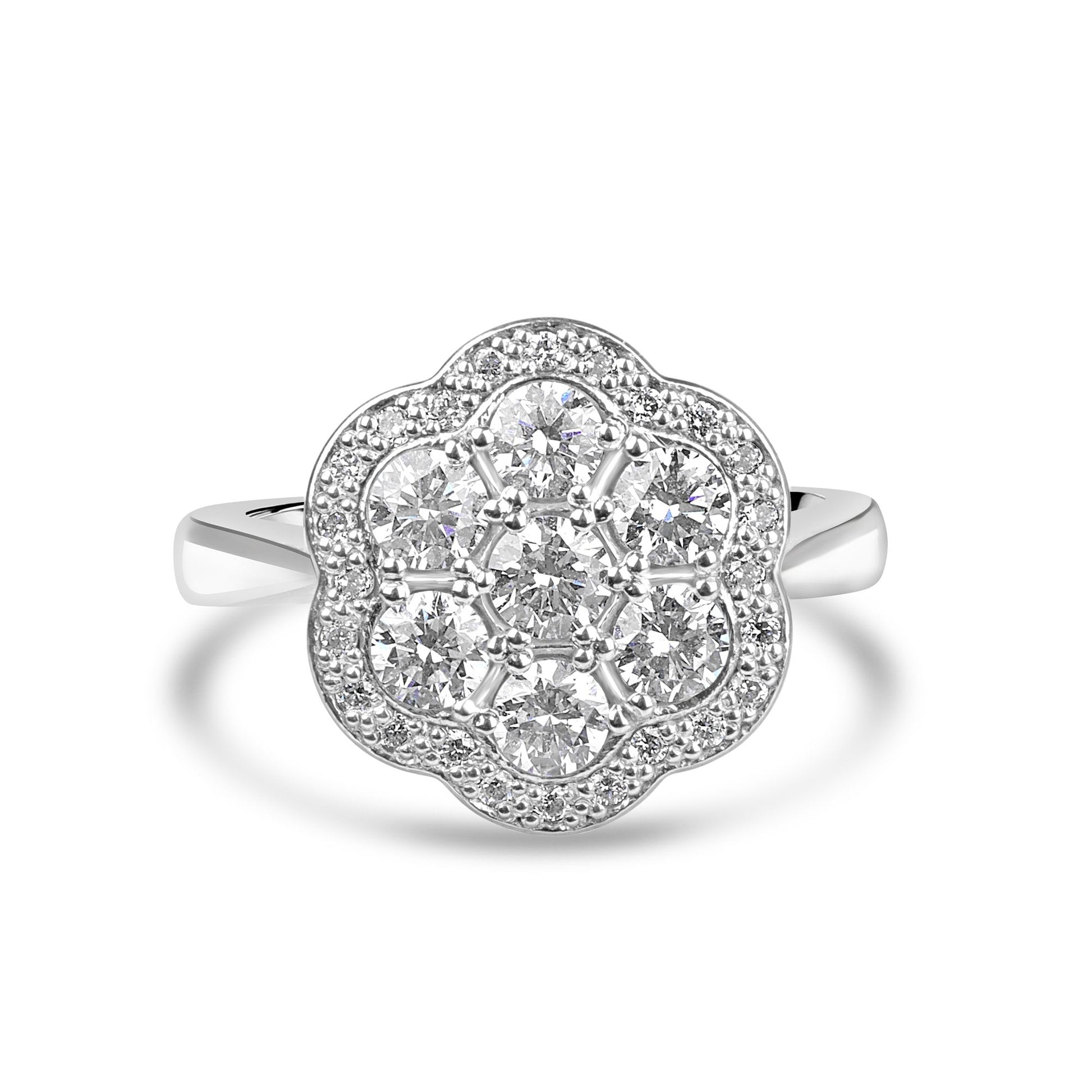 Unique White Gold Round Diamond Halo Cluster Ring