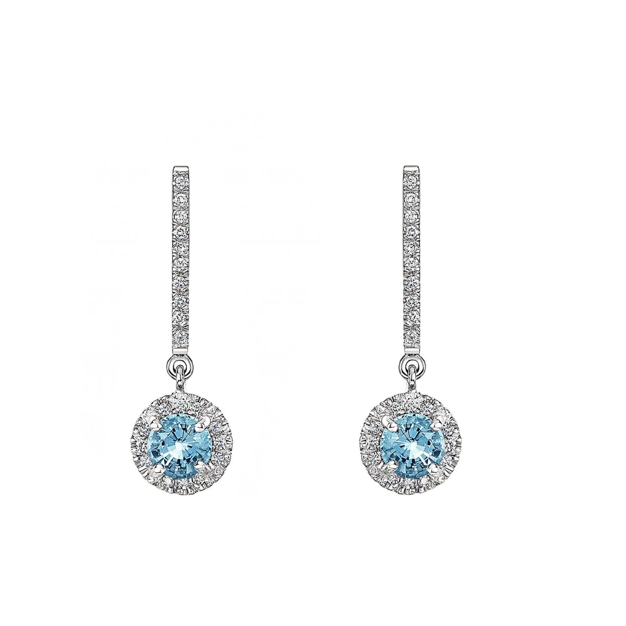 18ct White Gold Aquamarine and Diamond Halo Drop Earrings