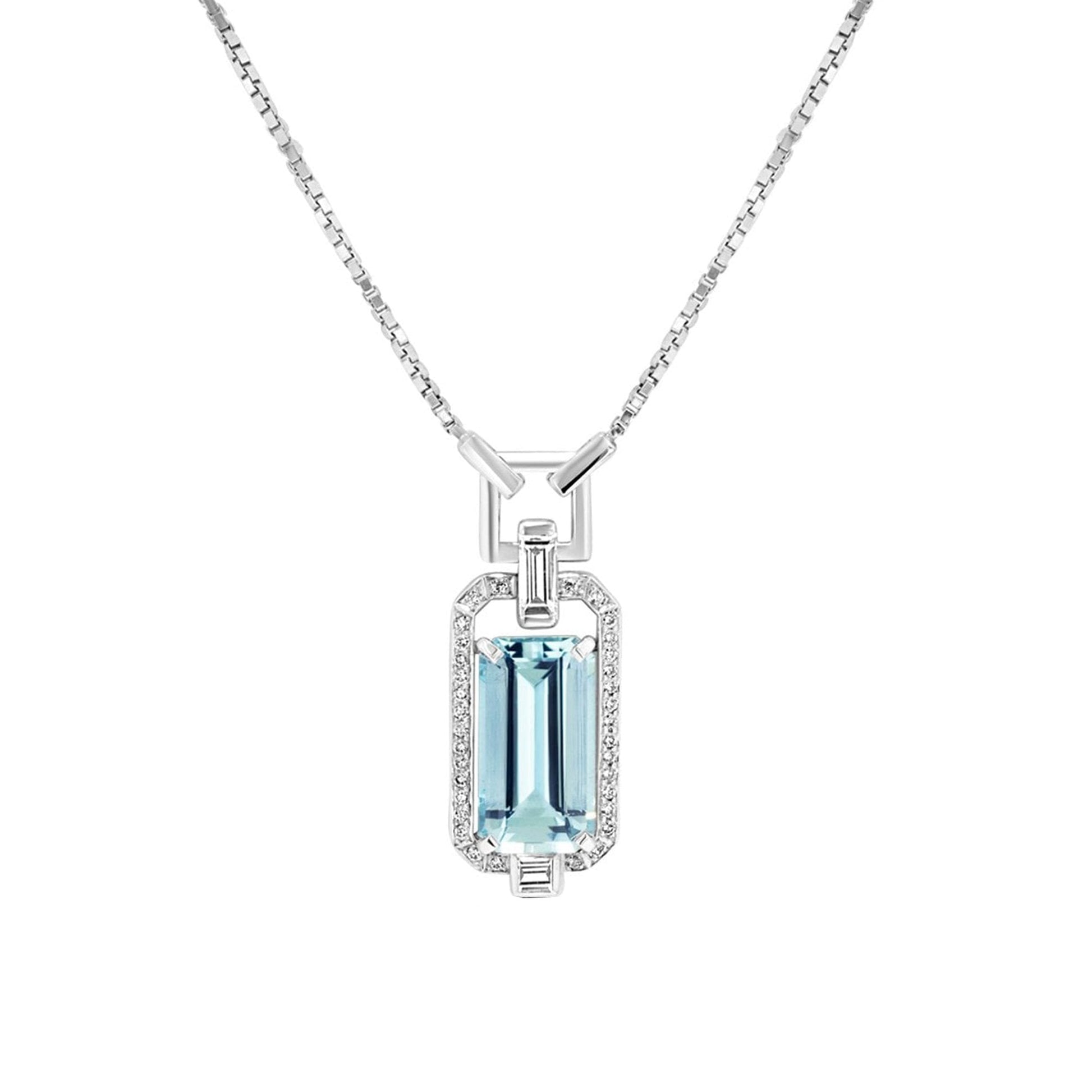 18ct White Gold 5.04ct Octagonal Aquamarine and Diamond Deco Inspired Necklace