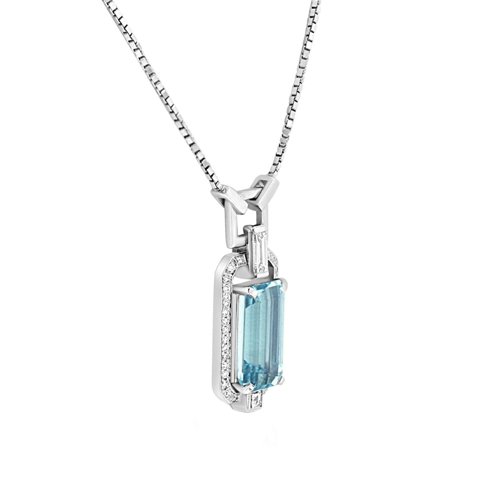 18ct White Gold 5.04ct Octagonal Aquamarine and Diamond Deco Inspired Necklace
