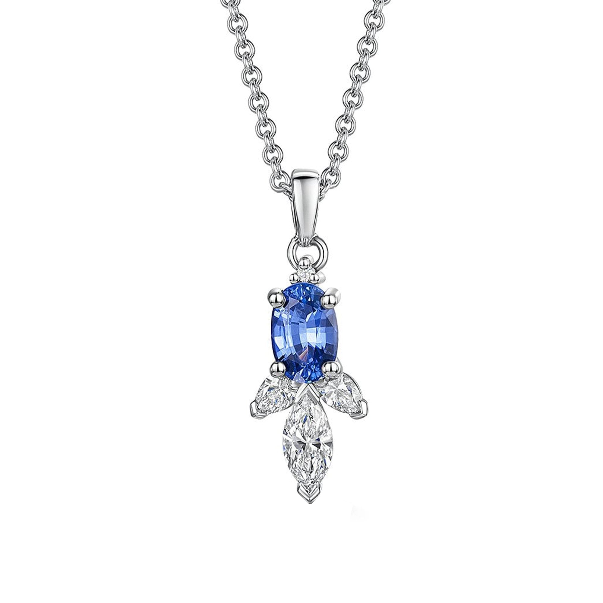 1.20ct Blue Oval Sapphire Drop Pendant With Marquise and Pear Diamonds