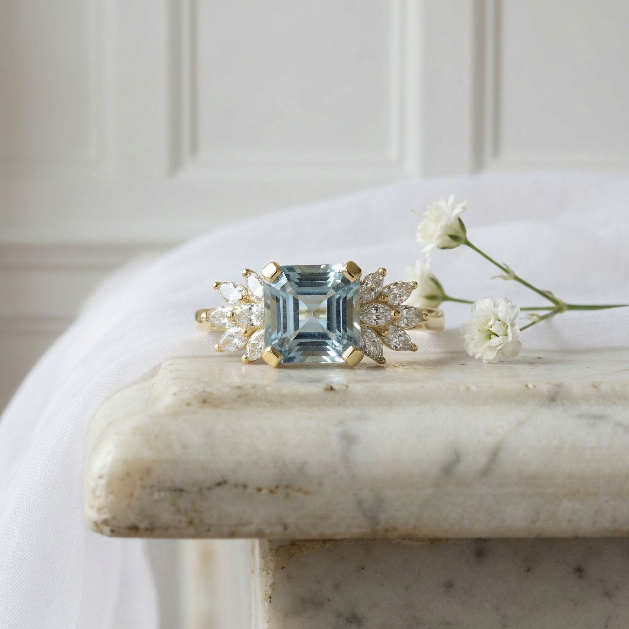 18ct Yellow Gold Ring with Square Octagonal Aquamarine 1.87ct with Marquise Diamonds