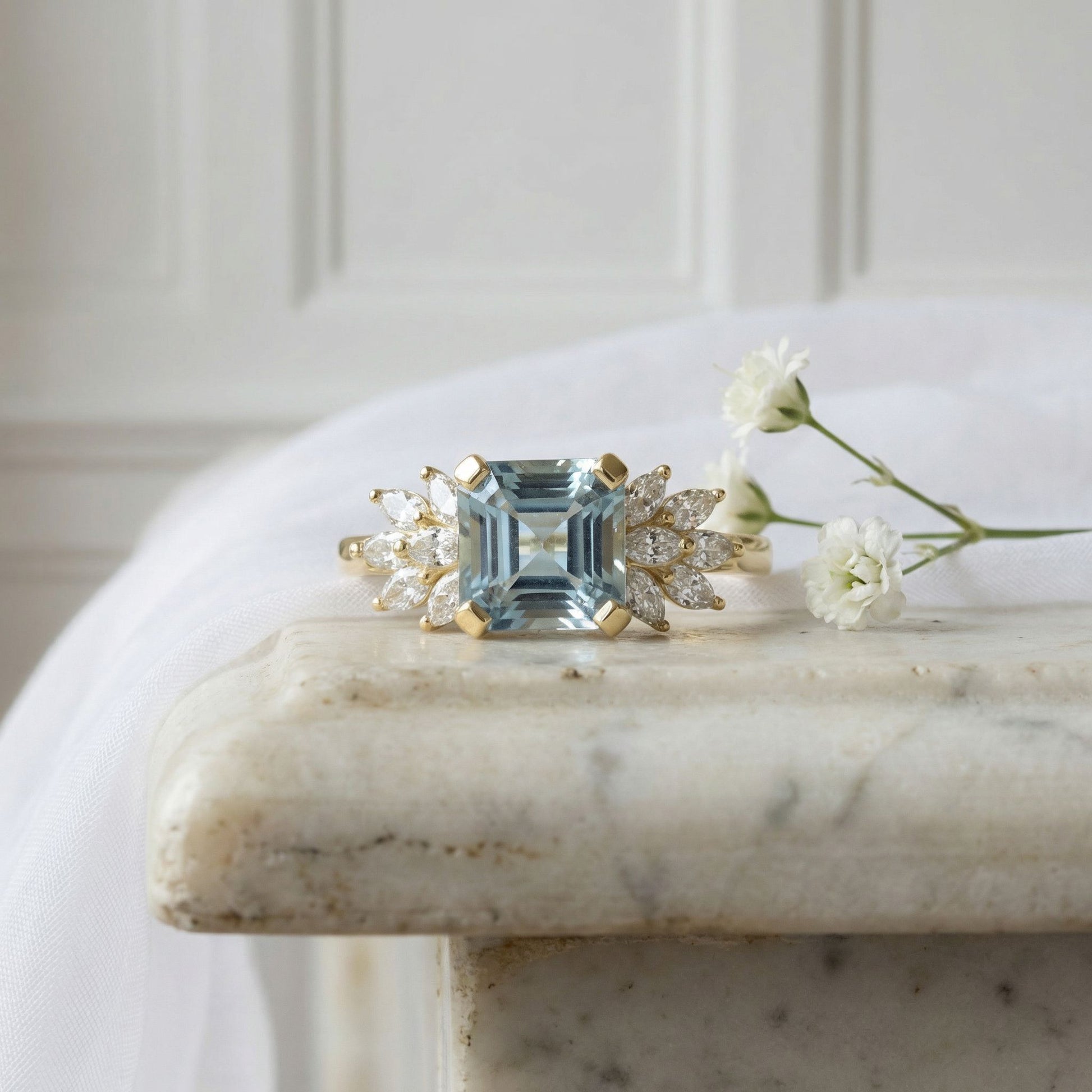 18ct Yellow Gold Ring with Square Octagonal Aquamarine 1.87ct with Marquise Diamonds