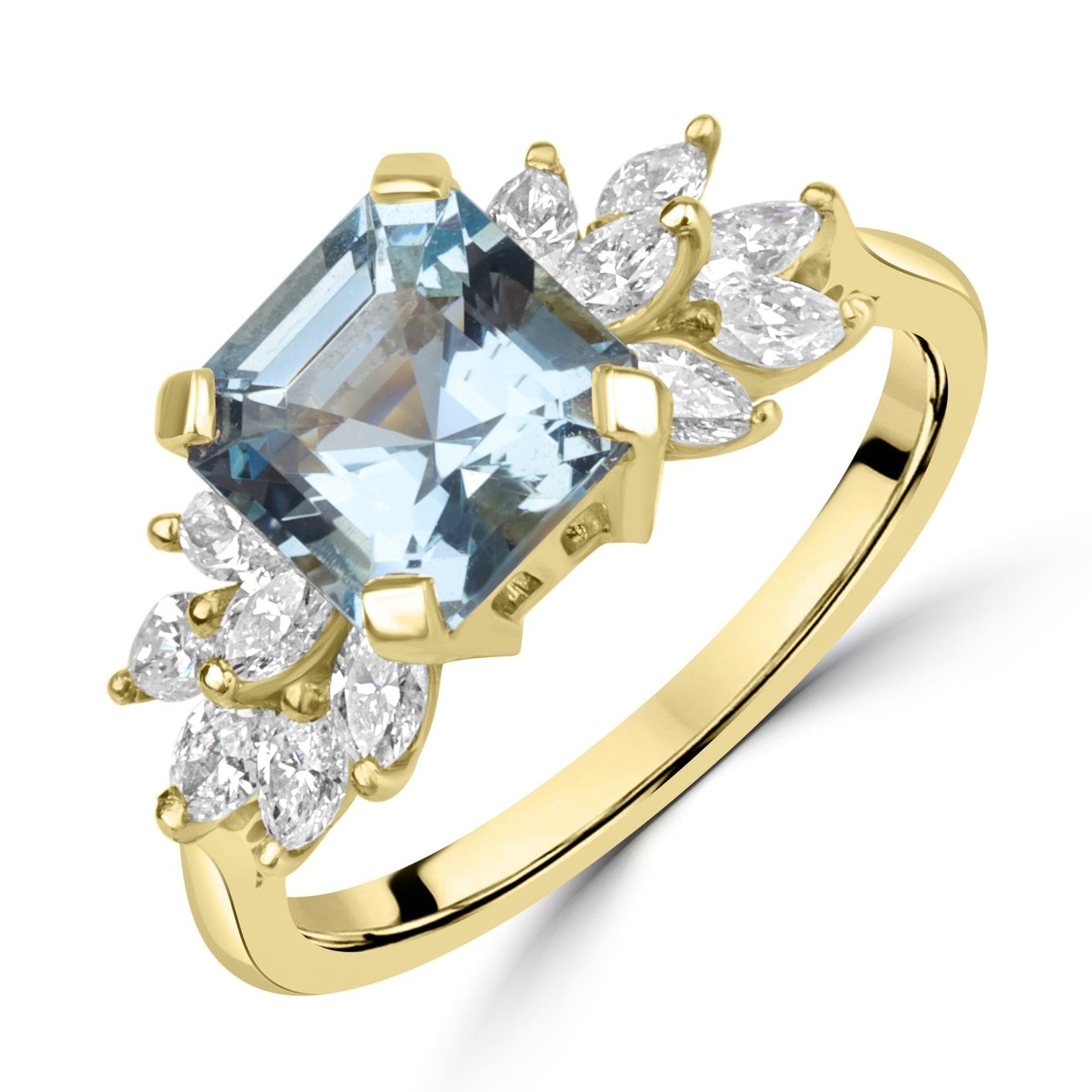 18ct Yellow Gold Ring with Square Octagonal Aquamarine 1.87ct with Marquise Diamonds