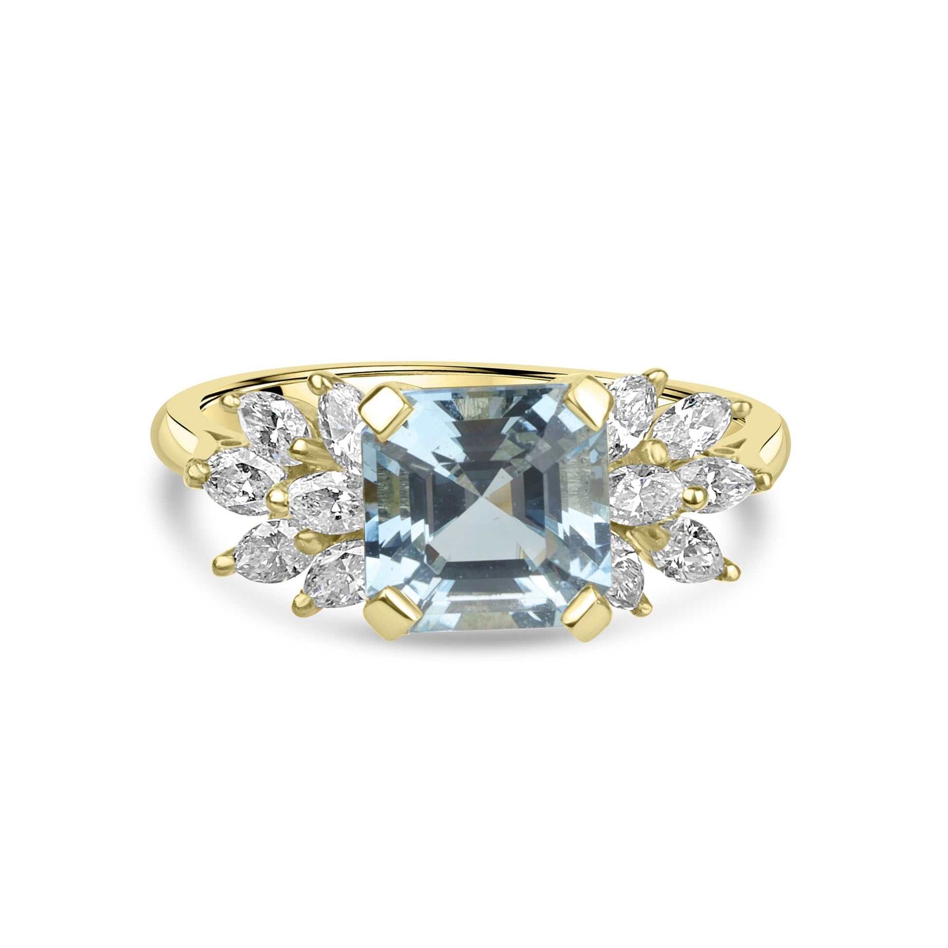 18ct Yellow Gold Ring with Square Octagonal Aquamarine 1.87ct with Marquise Diamonds