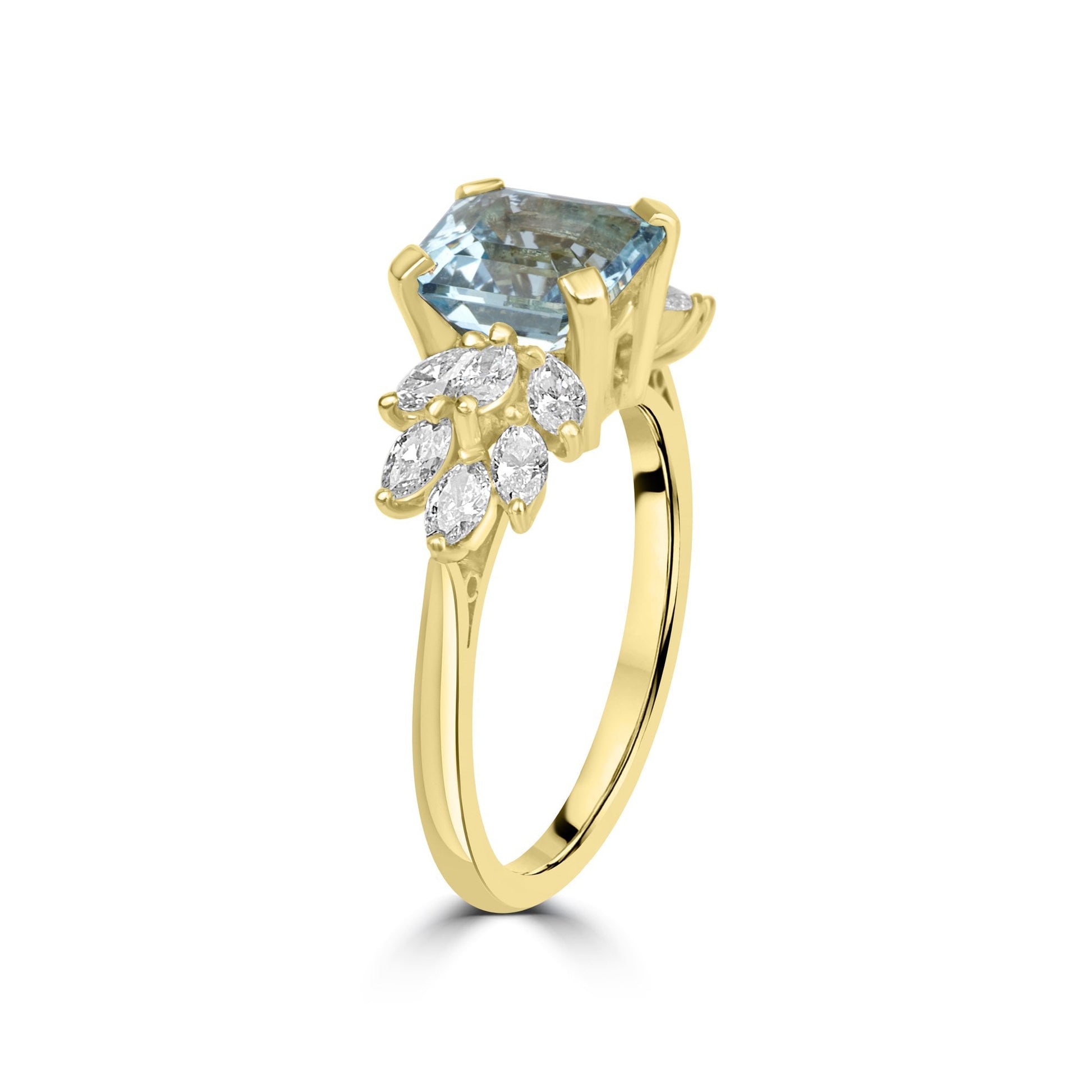 18ct Yellow Gold Ring with Square Octagonal Aquamarine 1.87ct with Marquise Diamonds