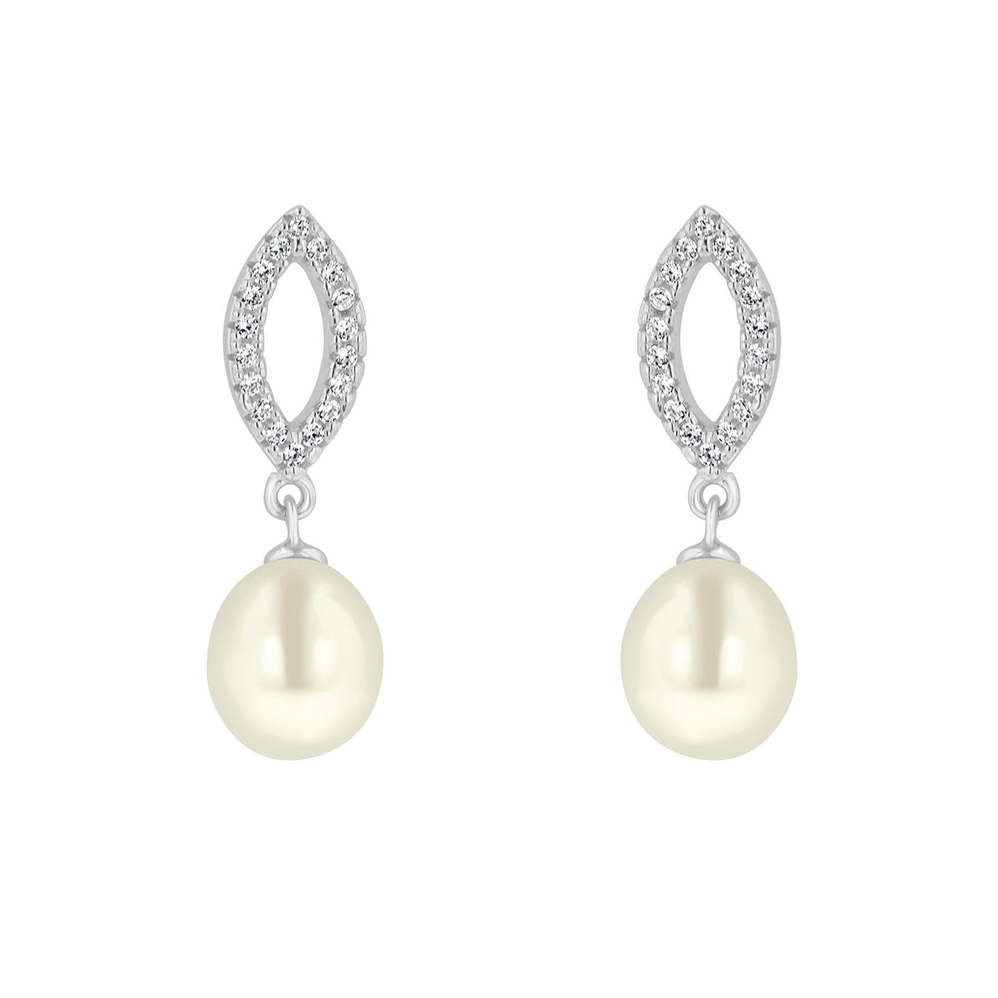 Silver Freshwater Pearl Drop Earring with an Open Cubic Zirconia Pave Set Marquise Section