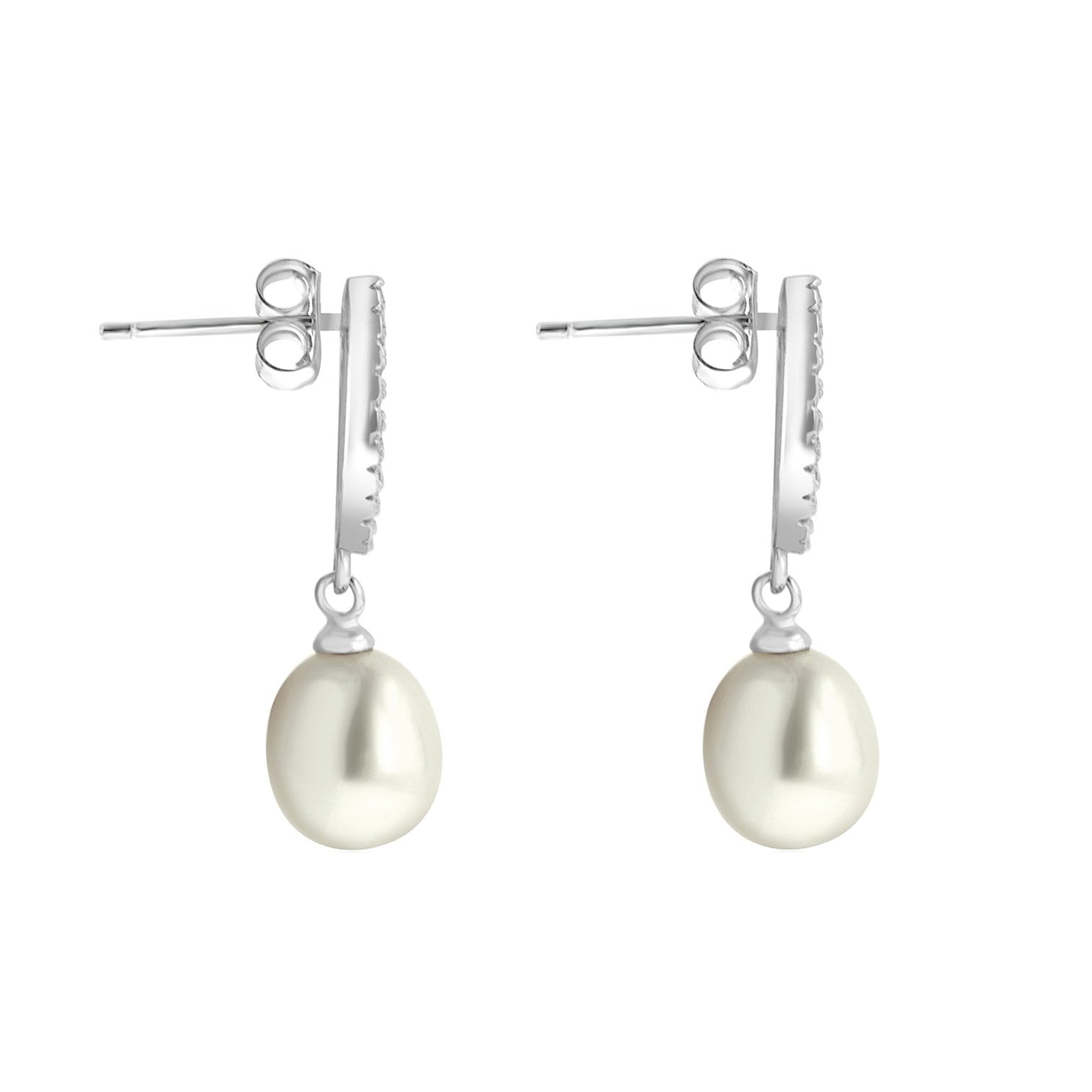 Silver Freshwater Pearl Drop Earring with an Open Cubic Zirconia Pave Set Marquise Section