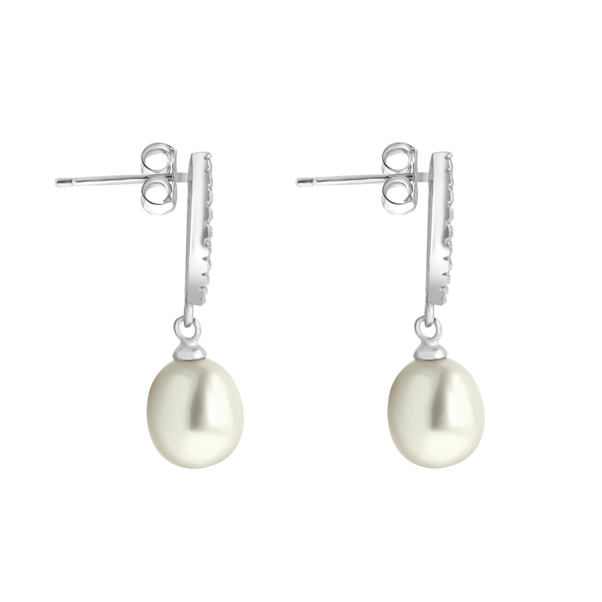 Silver Freshwater Pearl Drop Earring with an Open Cubic Zirconia Pave Set Marquise Section