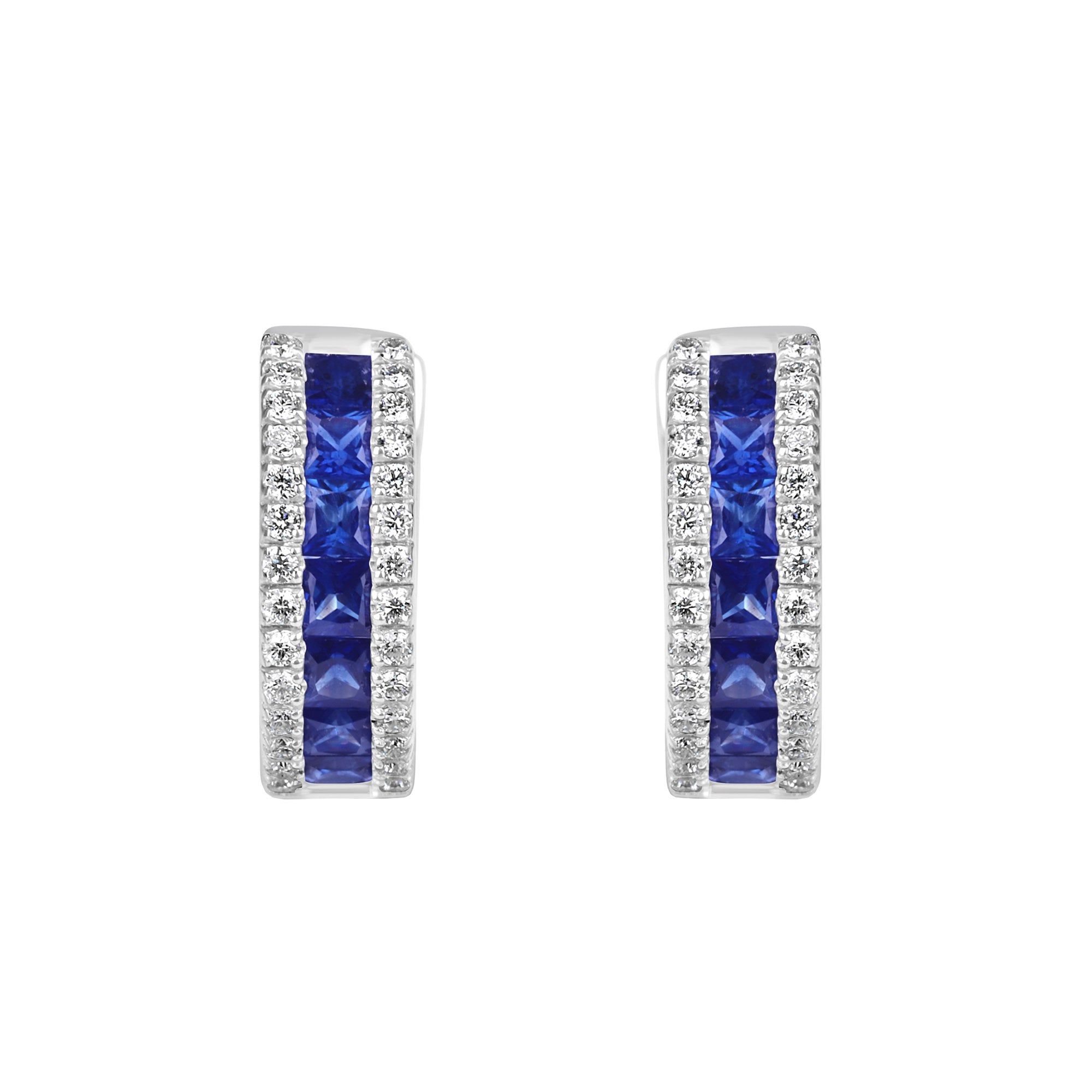 18ct White Gold Earrings with 0.86ct Princess Cut Sapphires and 0.19ct Diamond Huggie Hoops