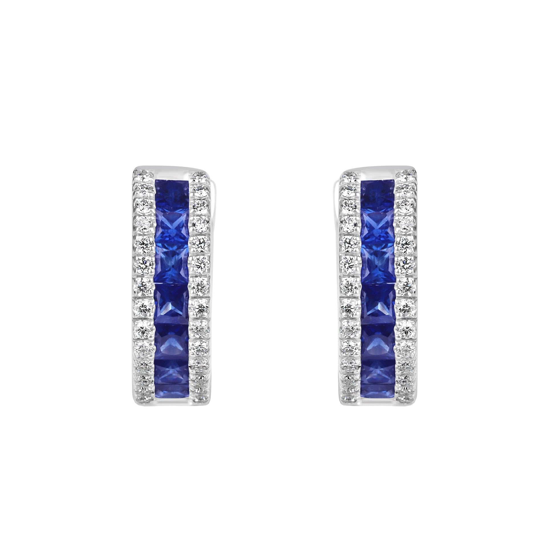 18ct White Gold Earrings with 0.86ct Princess Cut Sapphires and 0.19ct Diamond Huggie Hoops