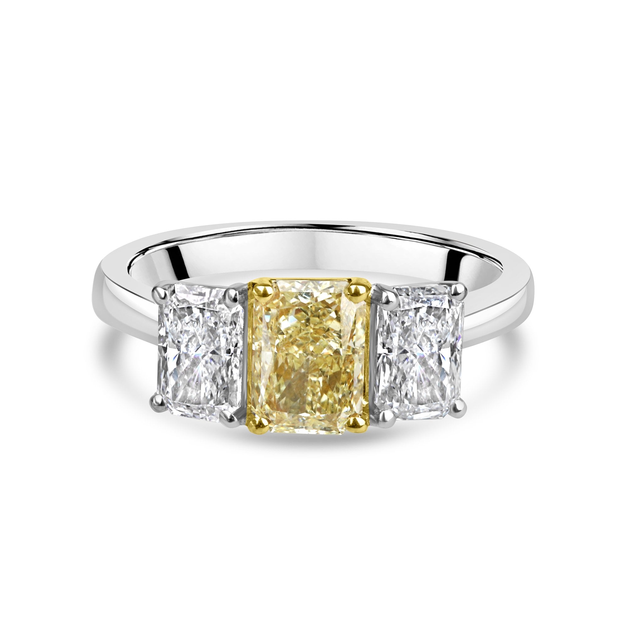 1.07ct Yellow Radiant Cut Lab Grown Diamond and Outer Radiant Three Stone Ring