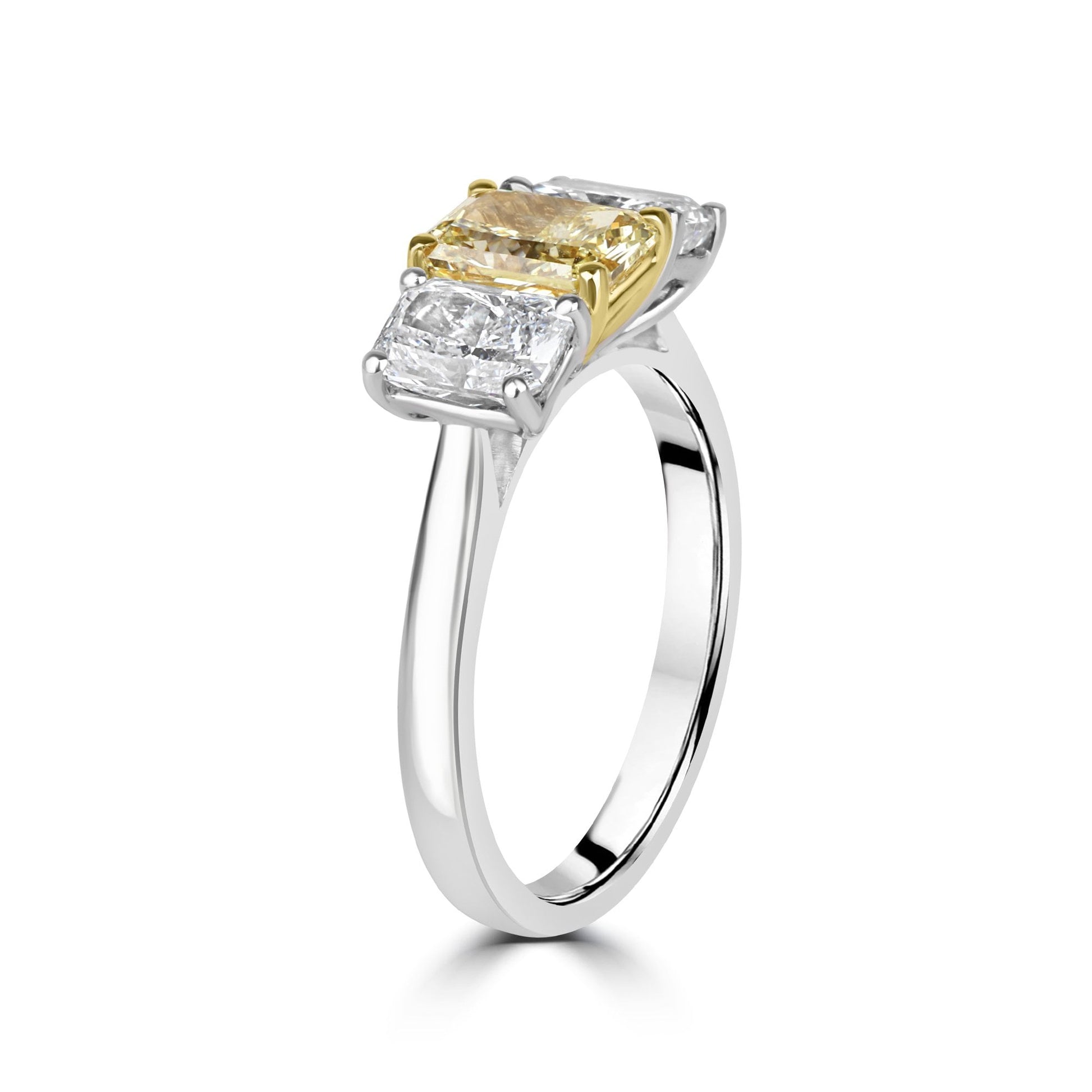 1.07ct Yellow Radiant Cut Lab Grown Diamond and Outer Radiant Three Stone Ring