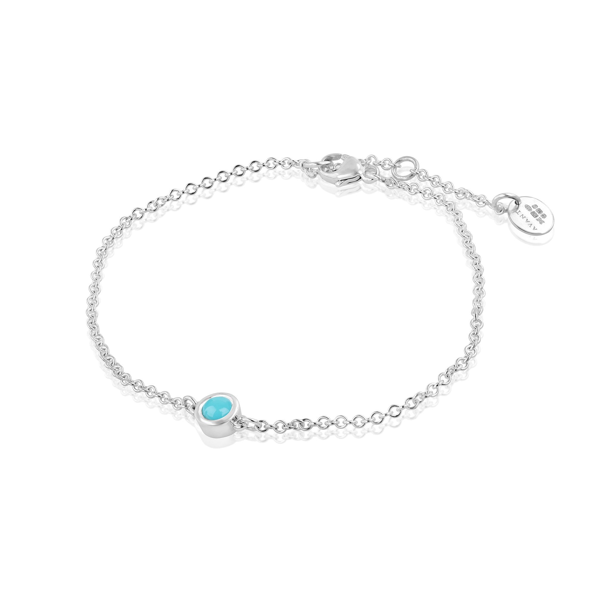 Sterling Silver Trace Chain with Rub Over Round Turquoise Bracelet