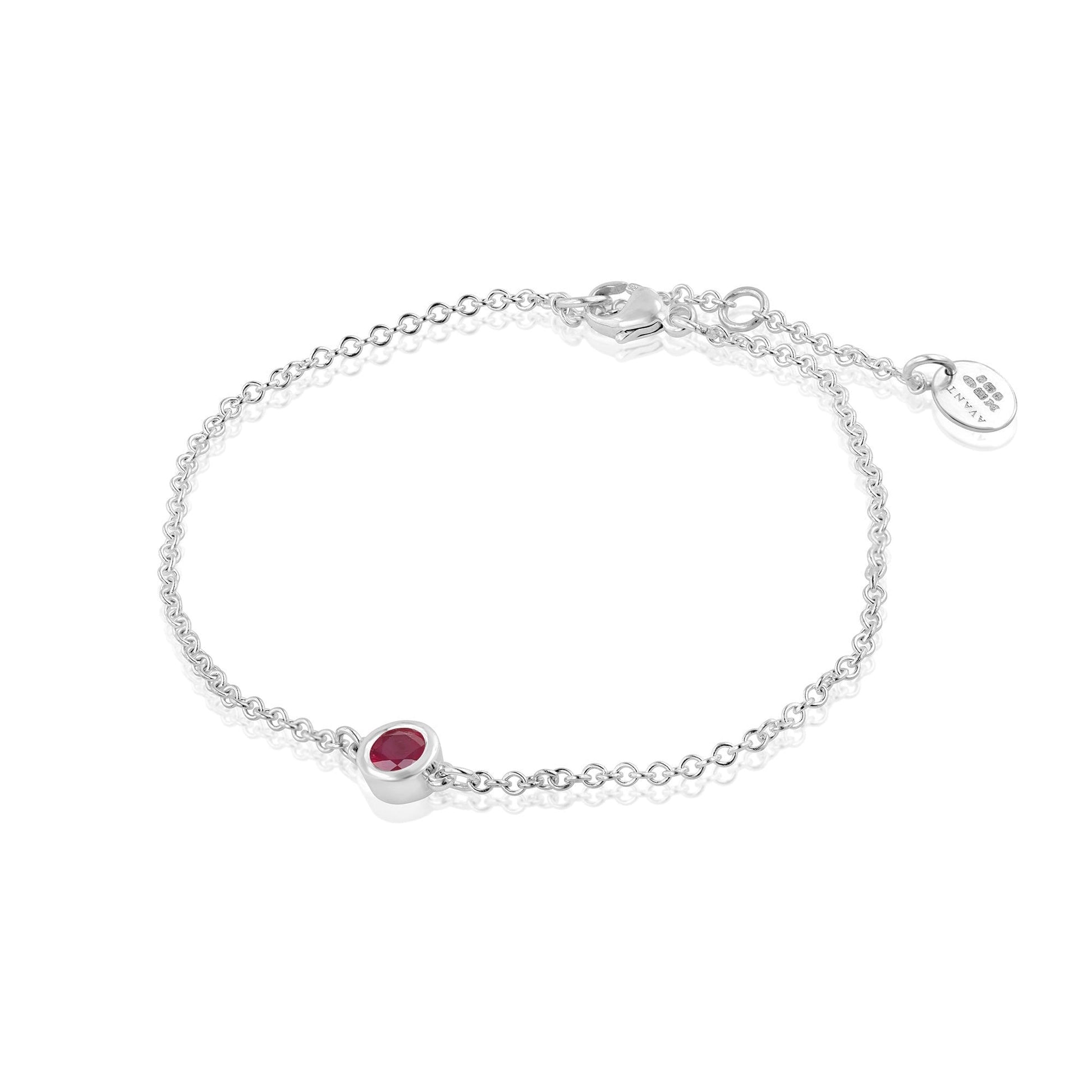 Sterling Silver Trace Chain with Rub Over Round Ruby Bracelet