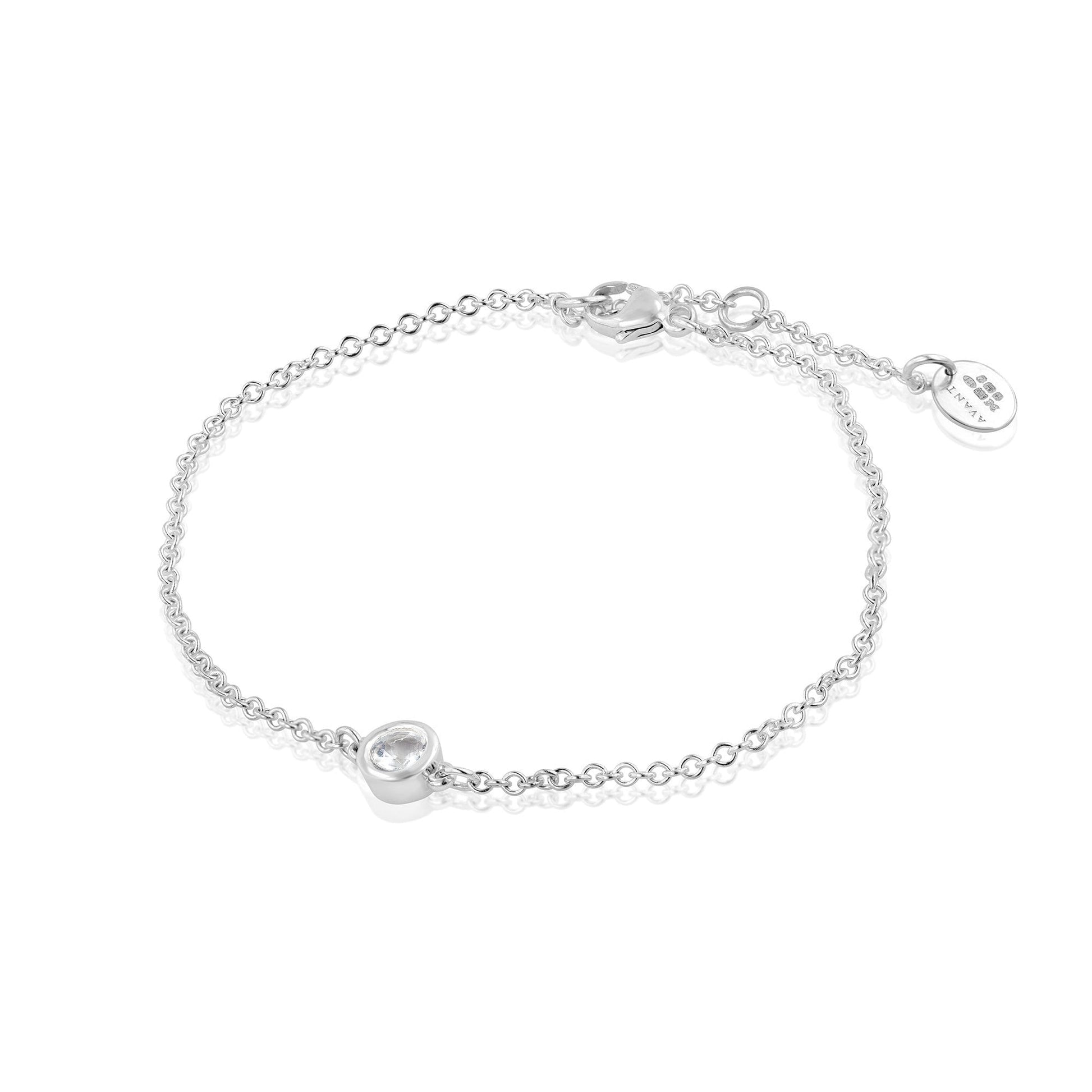 Sterling Silver Trace Chain with Rub Over Round Cubic Zirconia Bracelet