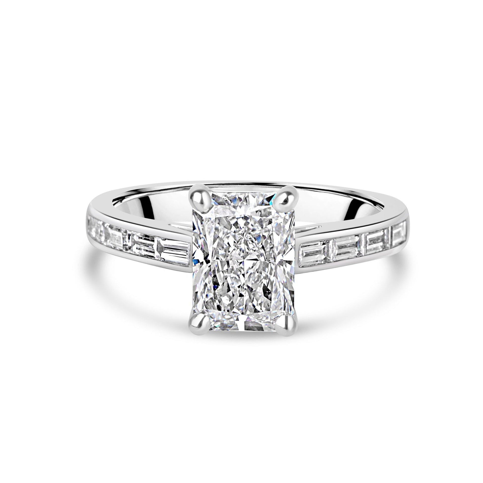 Platinum 1.87ct Radiant Cut Lab Grown Diamond Ring With Baguette Diamond Shoulders