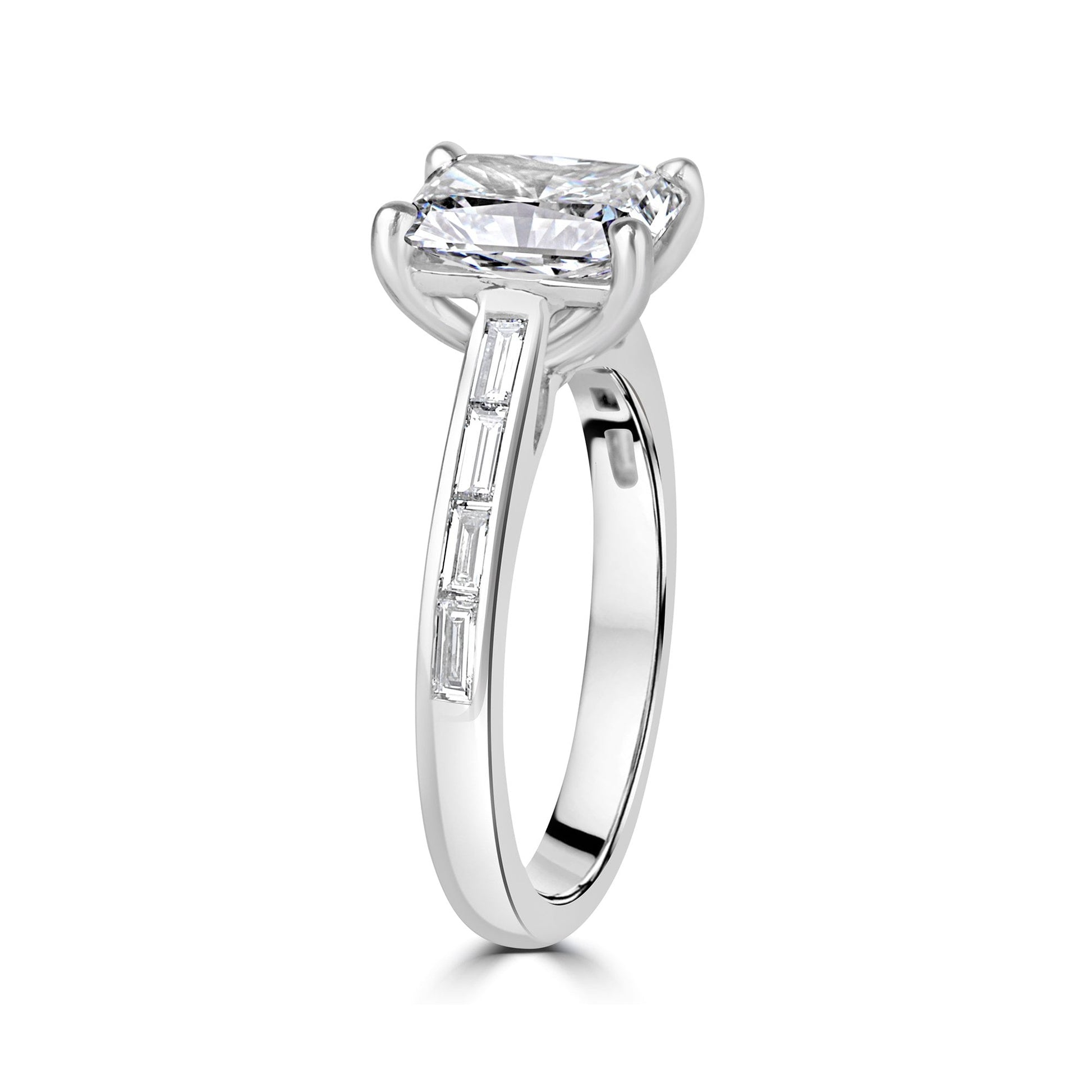 Platinum 1.87ct Radiant Cut Lab Grown Diamond Ring With Baguette Diamond Shoulders