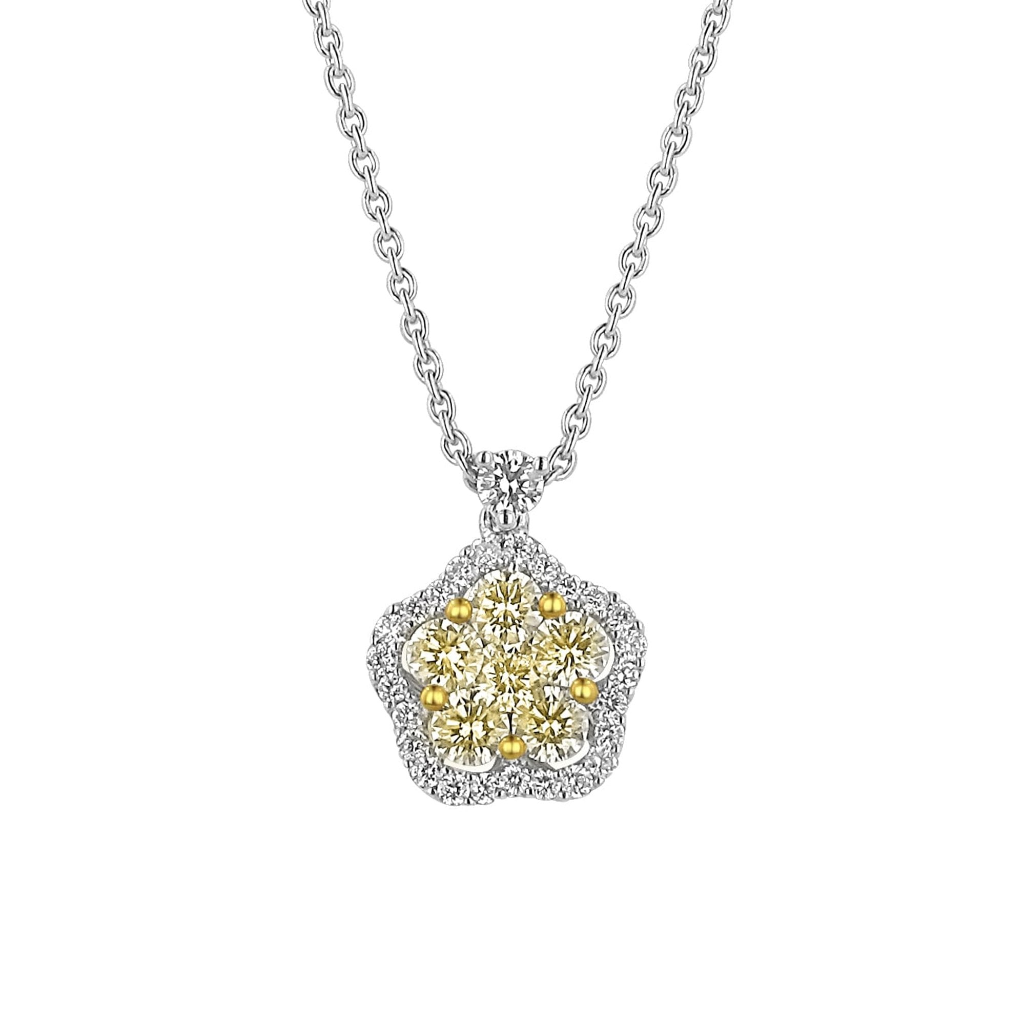 18ct Gold Yellow and White Diamond Halo Flower Necklace