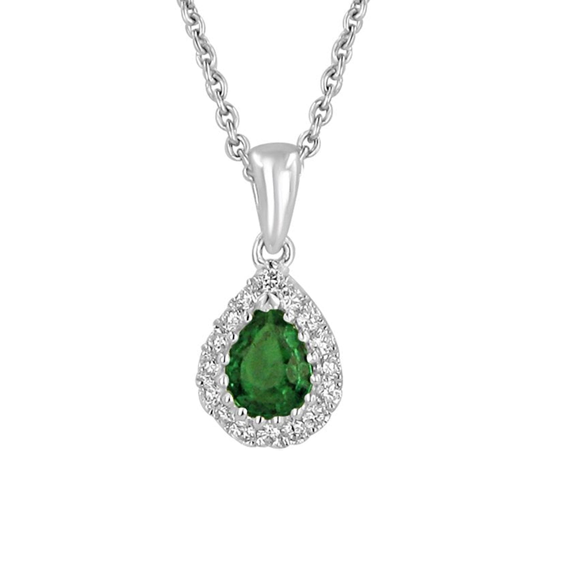 18ct White Gold Pear Shaped Emerald 0.20ct with Diamond Cluster on Chain