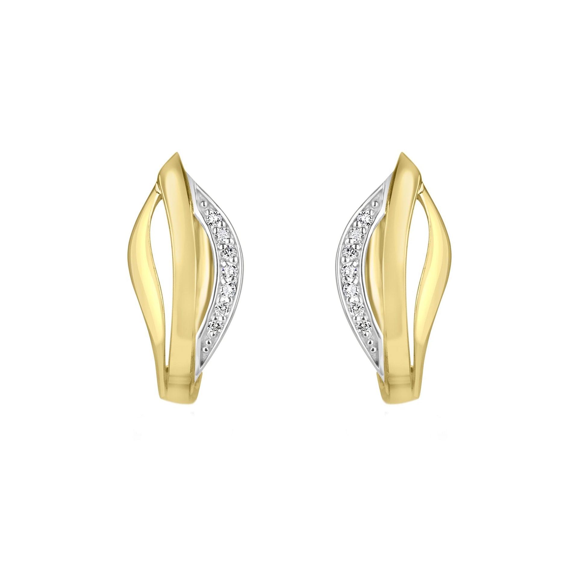 9ct Yellow Gold Satin And Polished Diamond Hoop Leaf Earrings