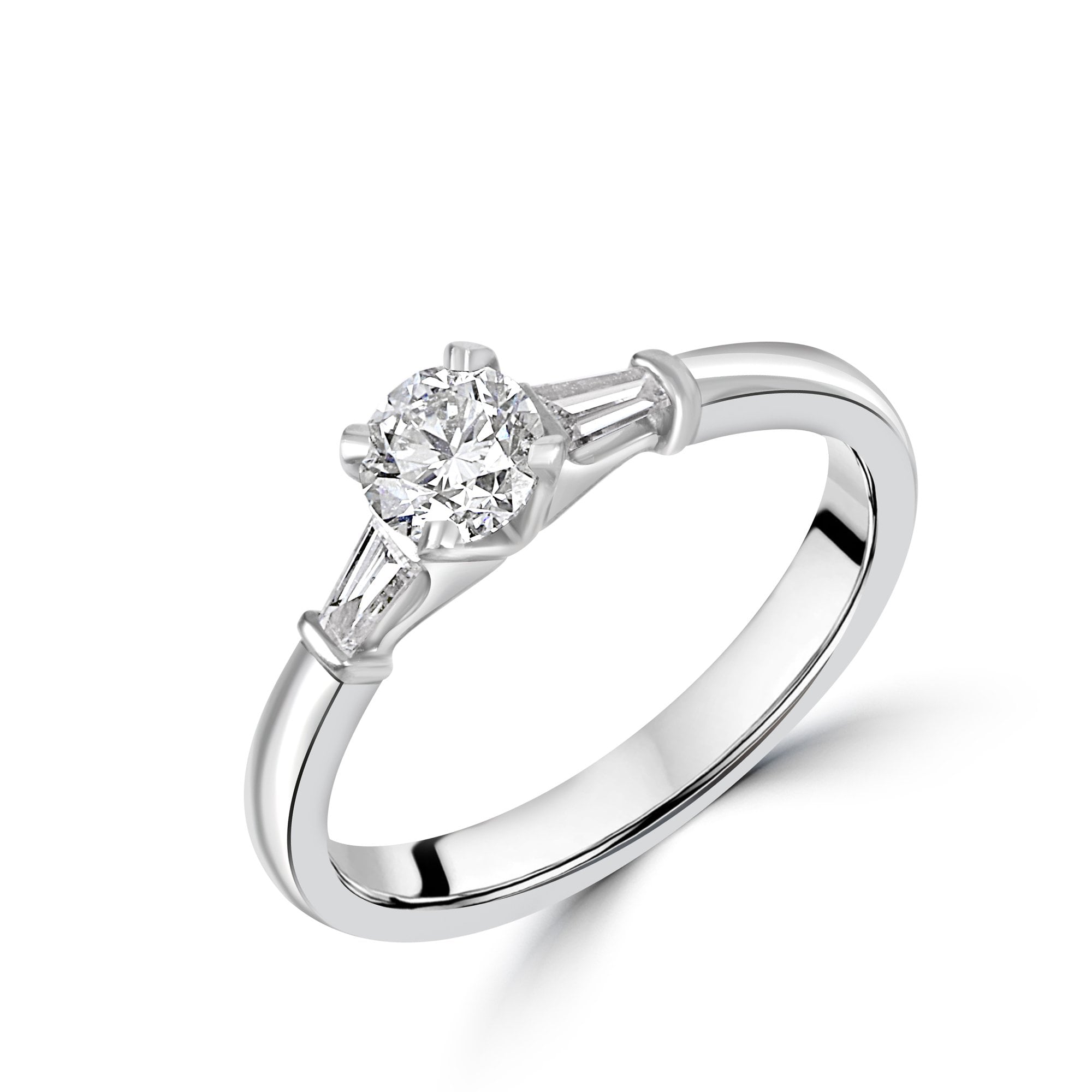 Platinum Round and Baguette Diamond Three Stone Ring
