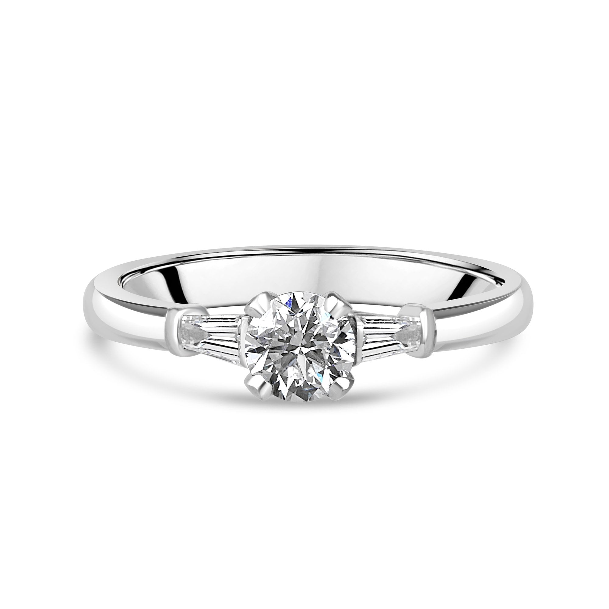 Platinum Round and Baguette Diamond Three Stone Ring