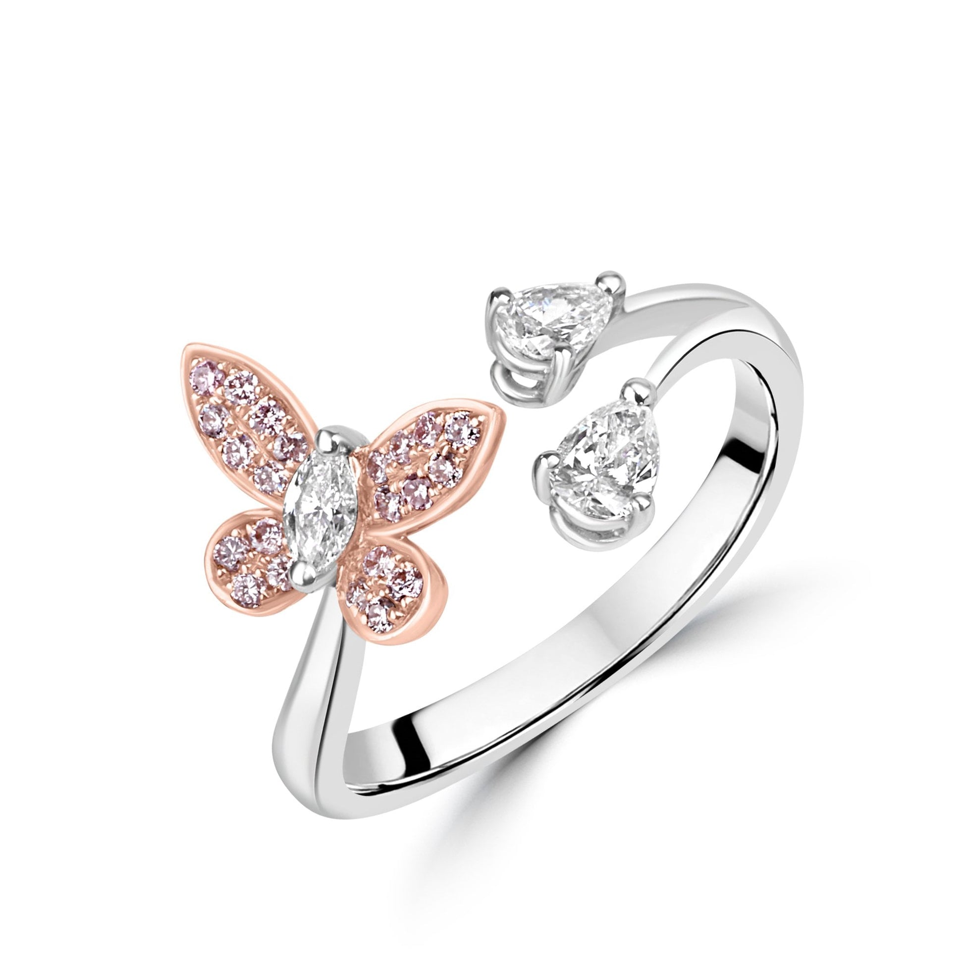 White and Pink Diamond Butterfly Ring in 18ct Gold