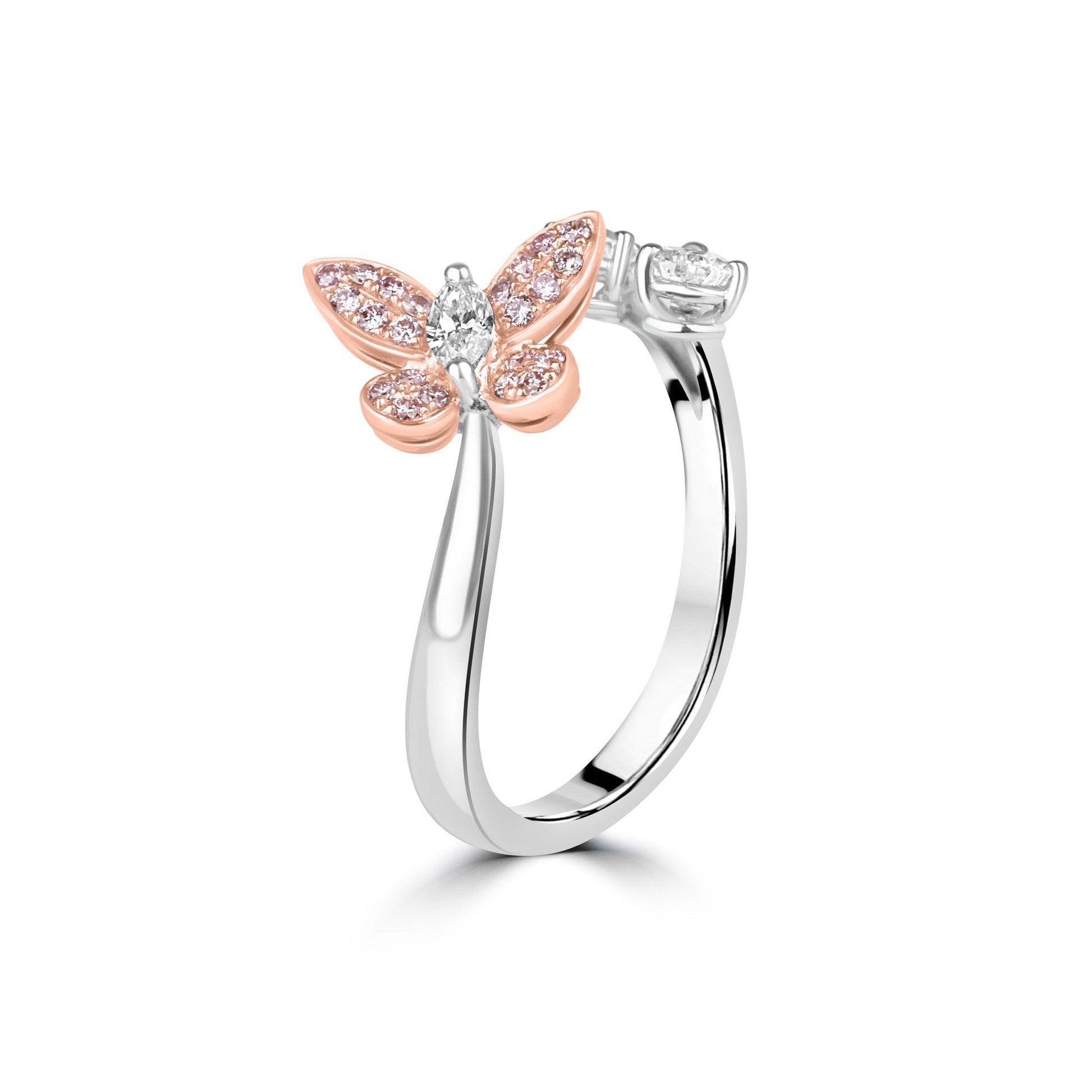 White and Pink Diamond Butterfly Ring in 18ct Gold