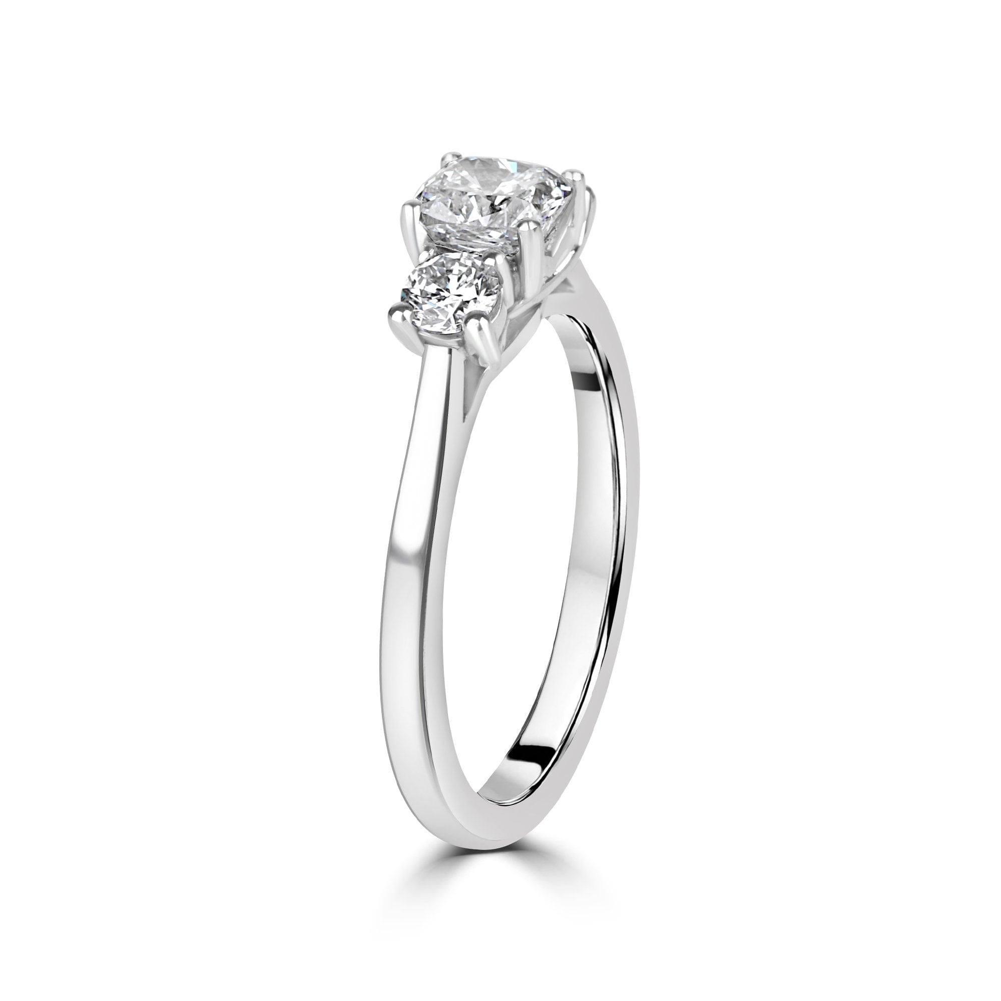 Platinum Three Stone Ring With 0.70ct Cushion Diamond and Round Diamonds