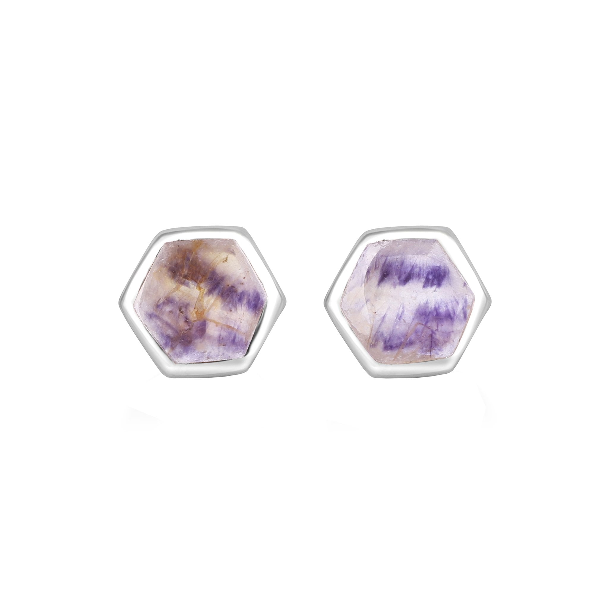 Hexagonal Silver Blue John Earrings