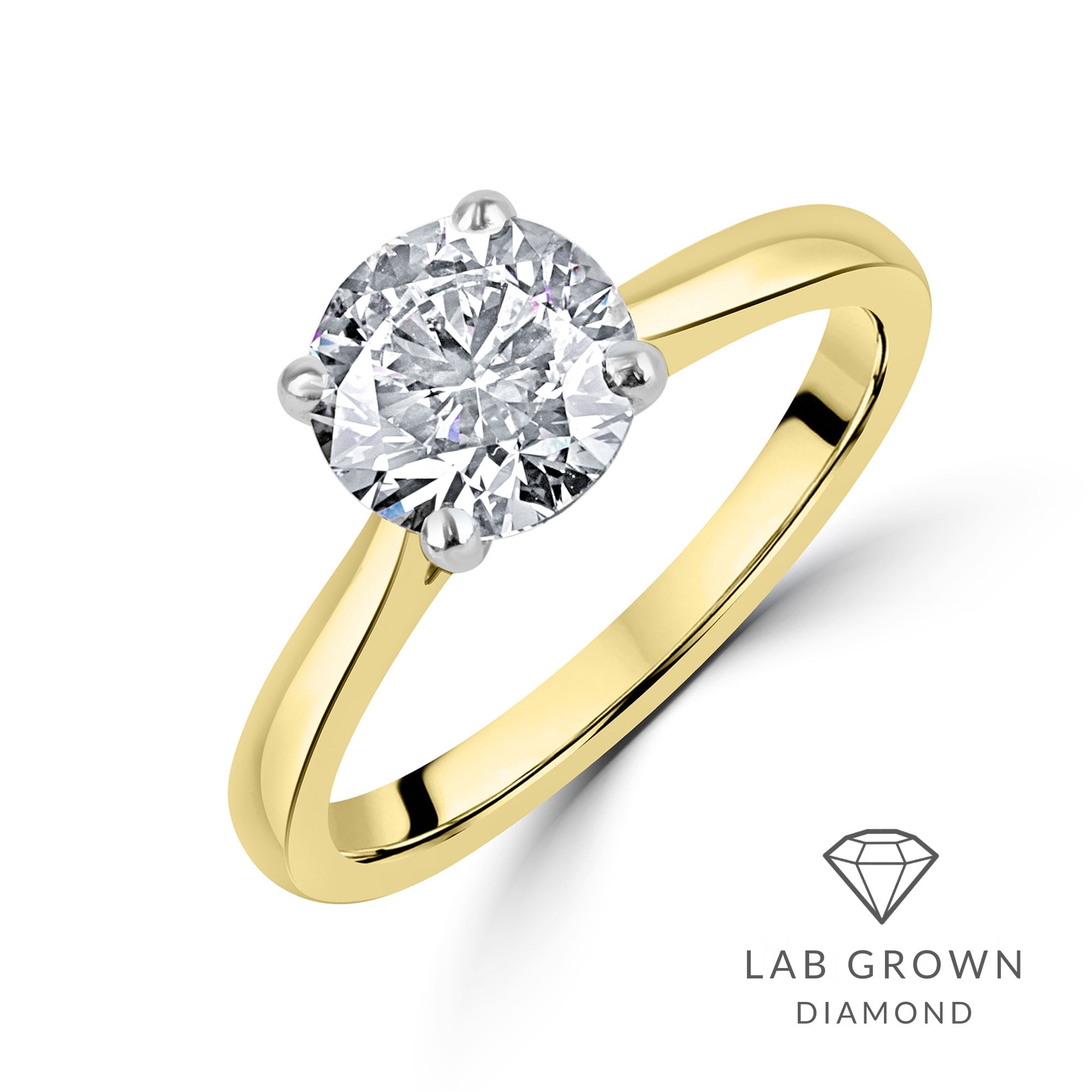 18ct Yellow Gold Round Brilliant Cut Lab Grown Diamond High Set Solitaire Engagement Ring