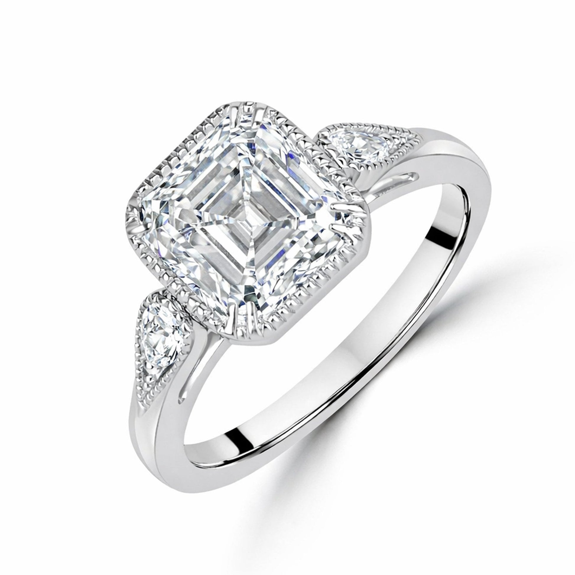 Platinum 2.80ct Asscher and Pear Cut Three Stone Lab Grown Diamond Ring