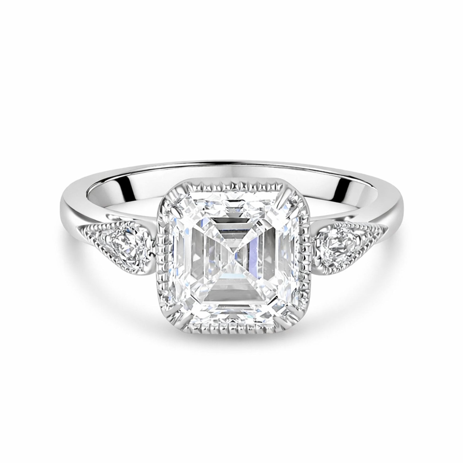 Platinum 2.80ct Asscher and Pear Cut Three Stone Lab Grown Diamond Ring
