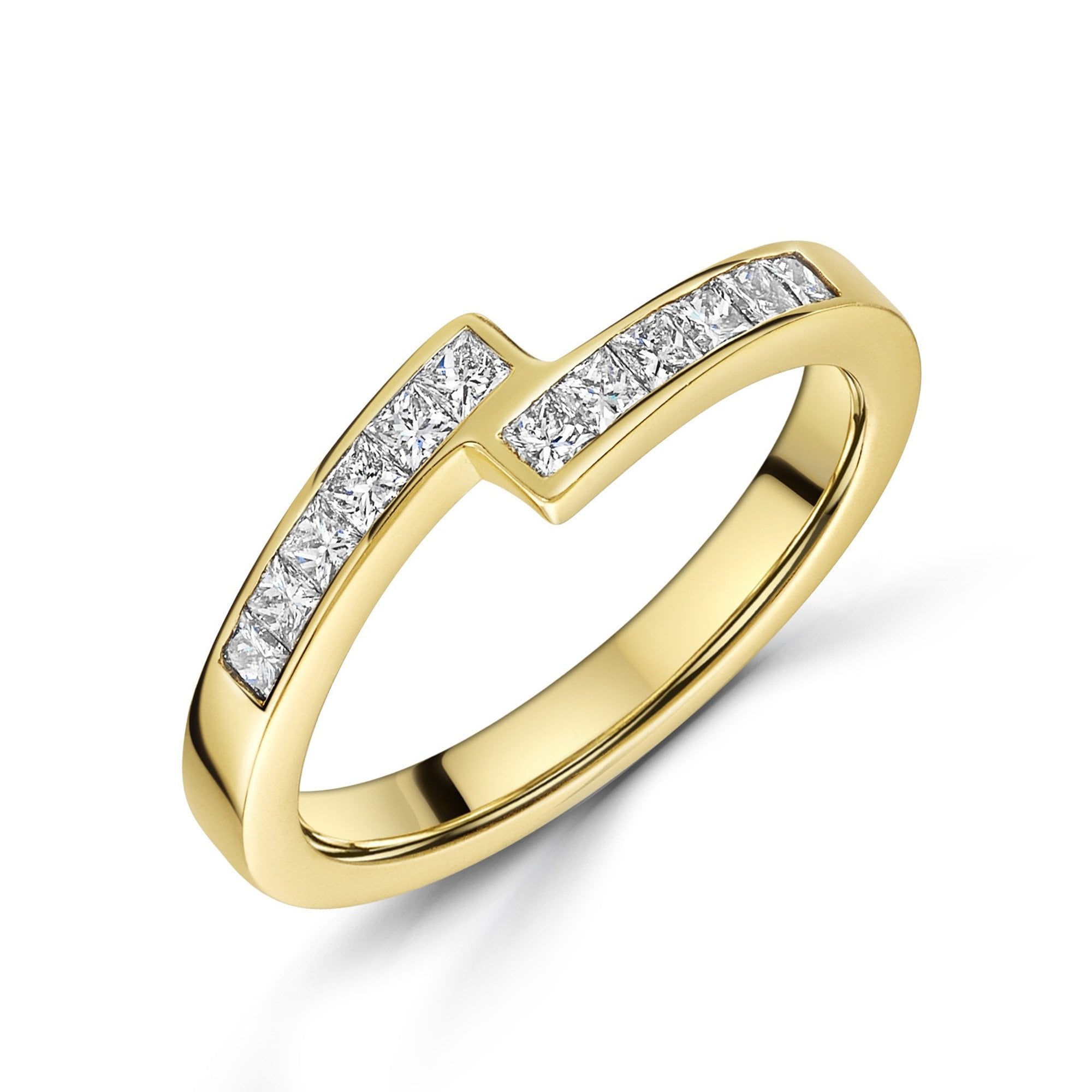 18ct Yellow Gold Zigzag Crossover Ring with Princess Cut Diamonds