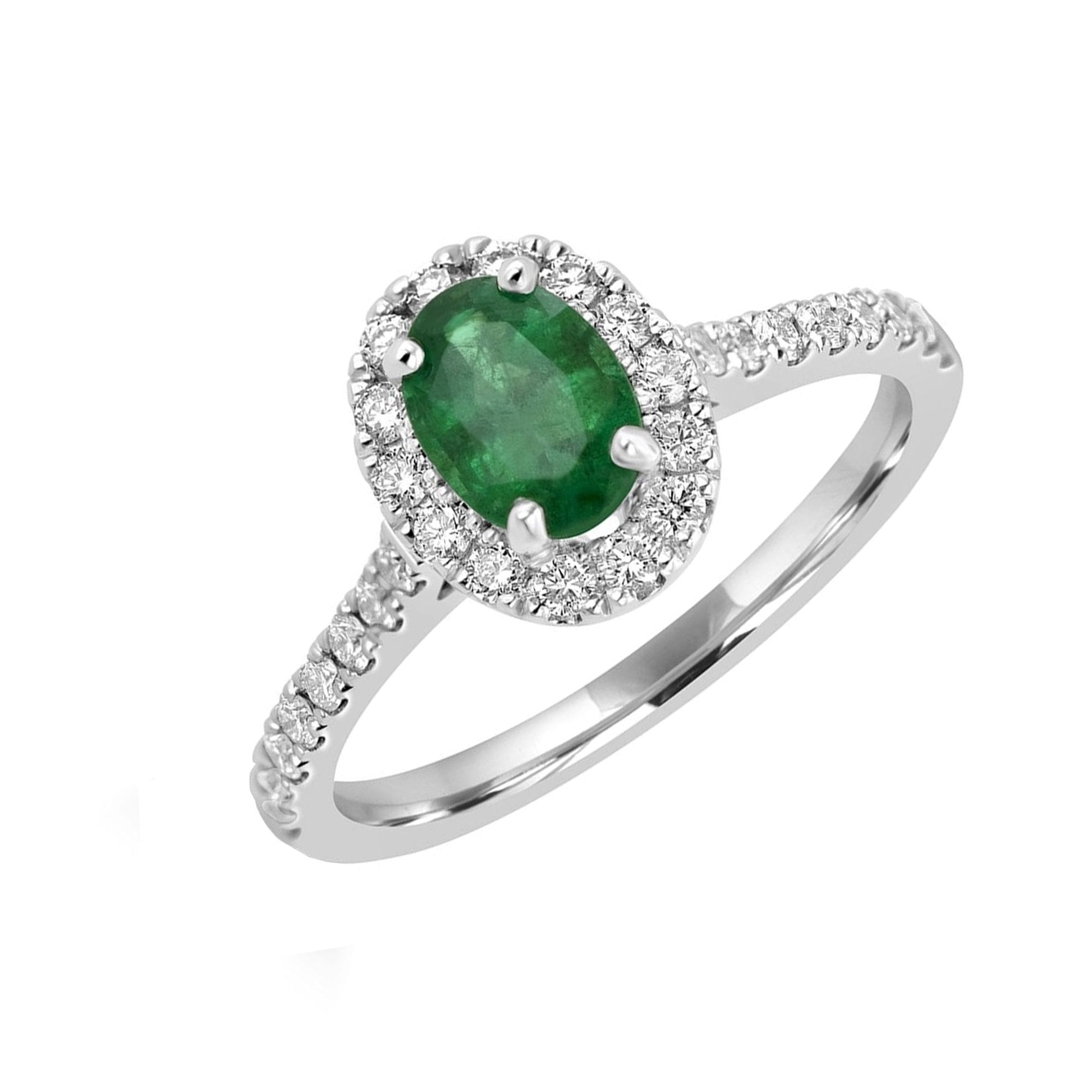 Platinum Oval Cut 7x5mm Emerald with Diamond Halo Ring