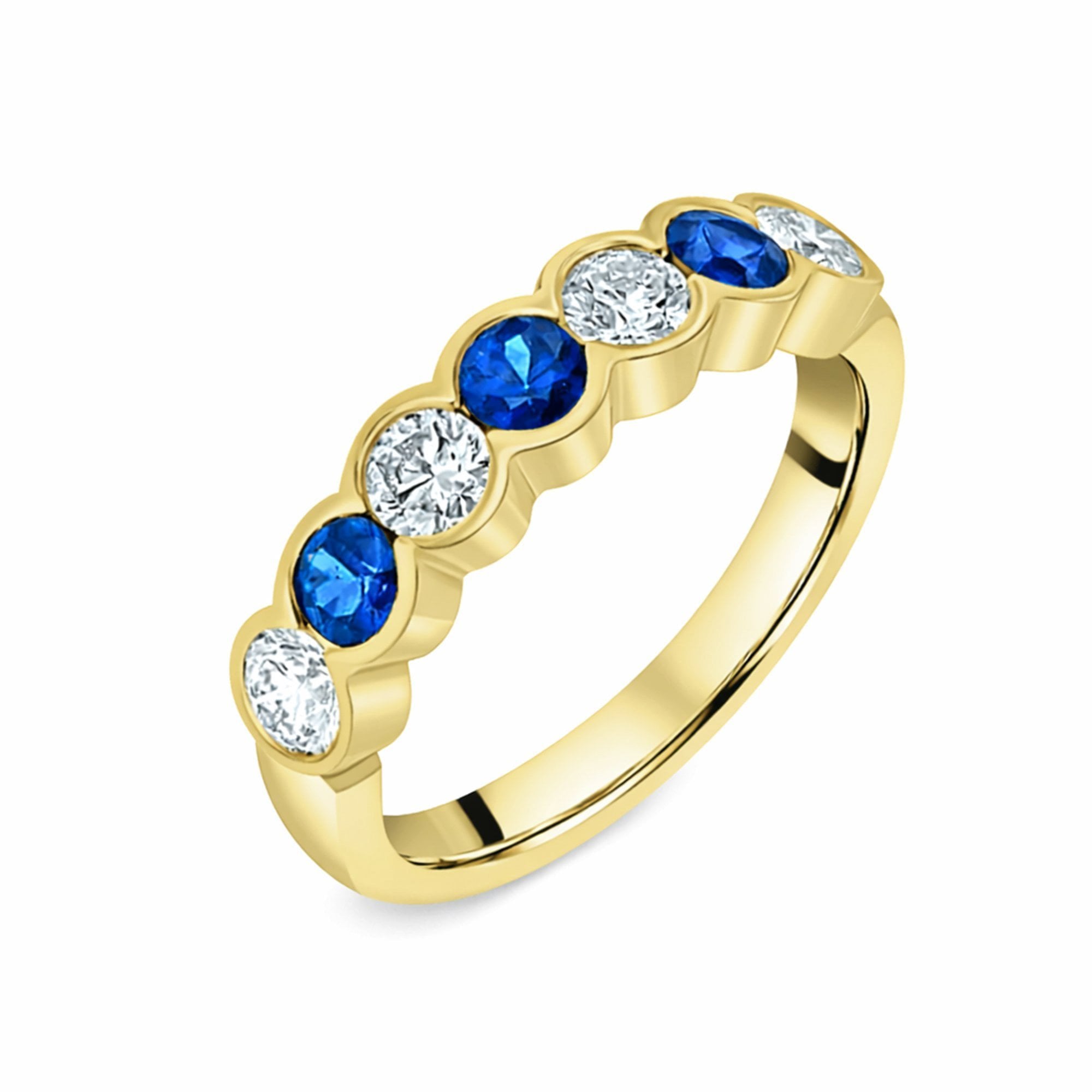 Seven Stone Sapphire and Diamond Scalloped Ring in 18ct Yellow Gold