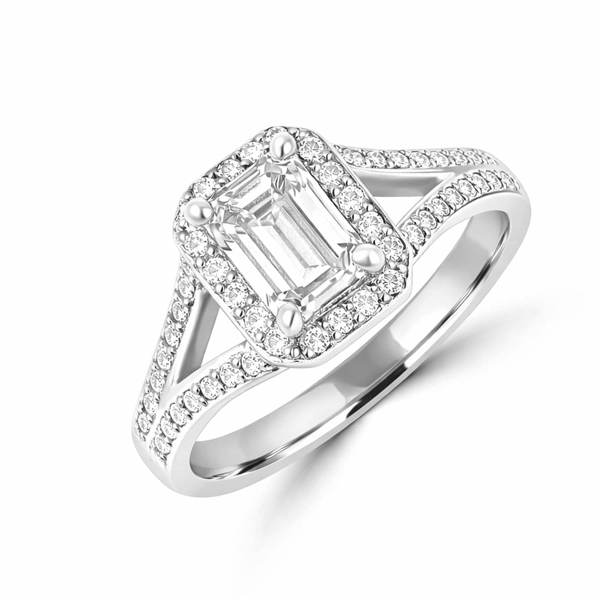 Platinum Emerald Cut Diamond Halo With Diamond Set Band Pre-Owned Ring
